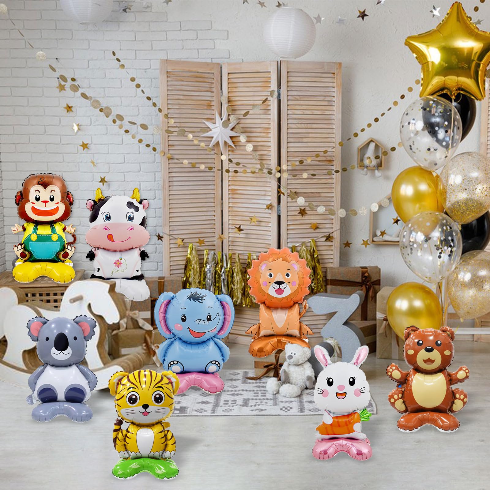 8 Pc Standing Cute Animal Foil Balloons - Lion, Bear, Cow, Monkey, Koala, Tiger, Elephant, Bunny - Jungle Safari Zoo Themed Baby Shower Birthday Party Decorations