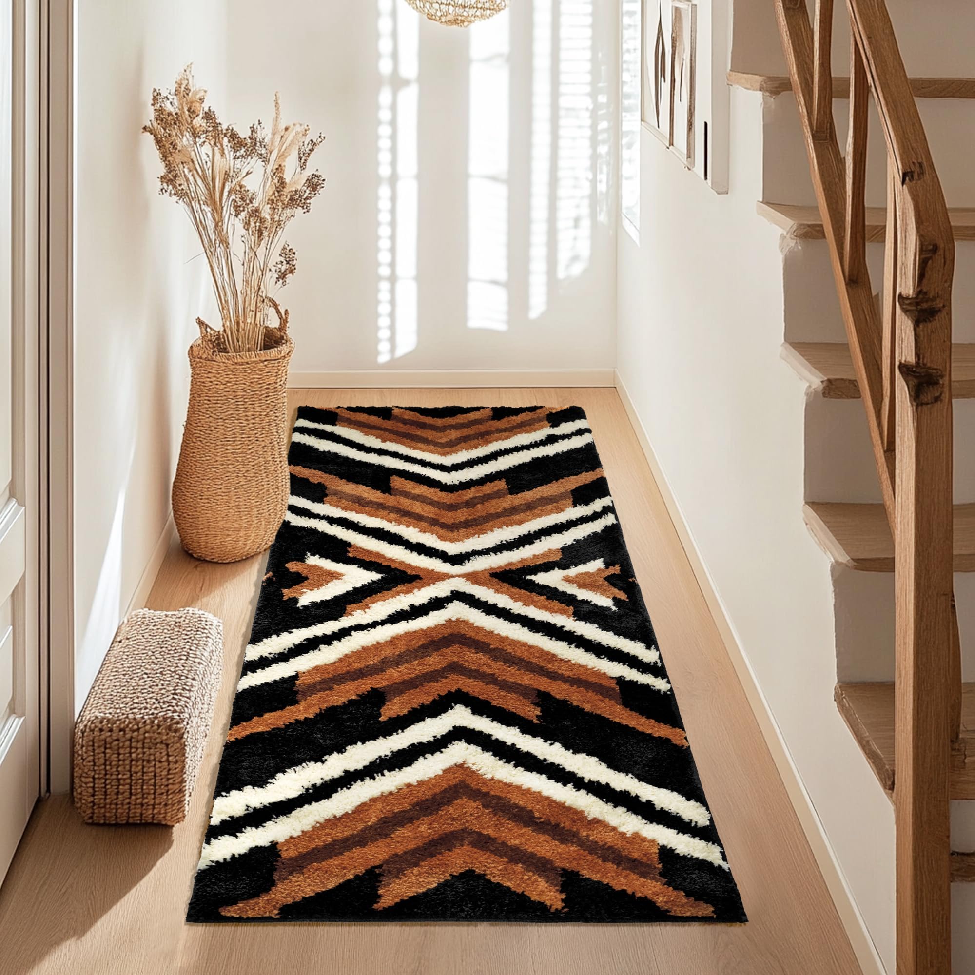 Tyrot Black Boho Long Bathroom Rugs Runner Non Slip Washable Western Aztec Bath Mats Rugs for Bathroom Hallway Plush Soft Absorbent Farmhouse Carpet
