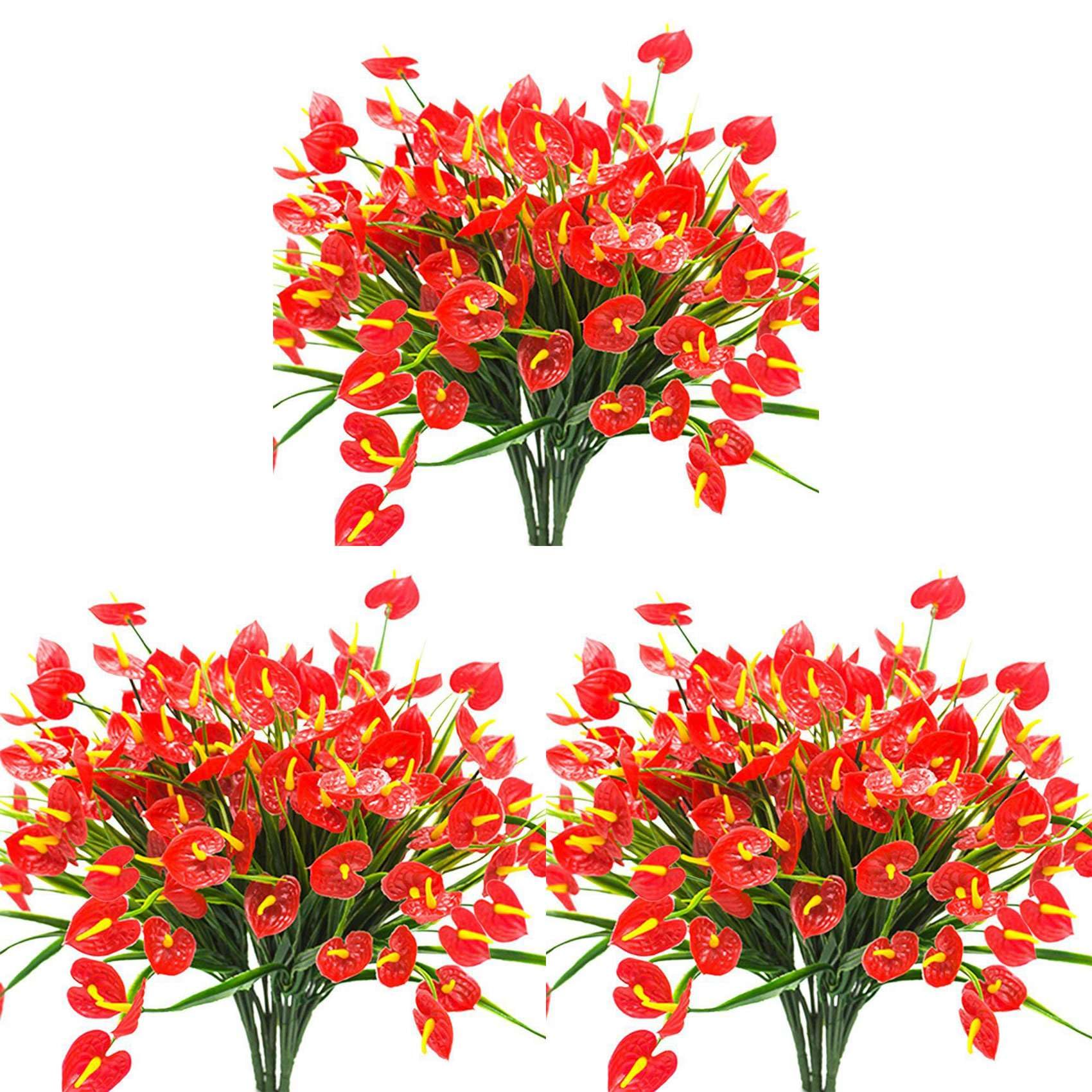 Hndhbfgrt 12 Bunches Artificial Fake Flowers Faux Anthurium Plants Plastic Shrubs Bushes Greenery Indoor Outside Hanging Planter