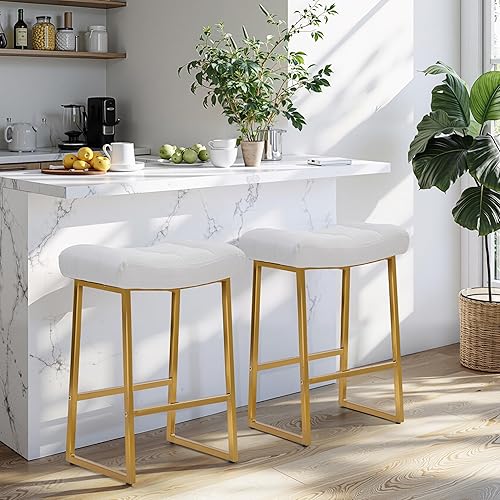 Juego de 2 taburetes de bar de altura de mostrador blanco y dorado para encimera de cocina, taburetes de bar modernos sin espalda con asiento