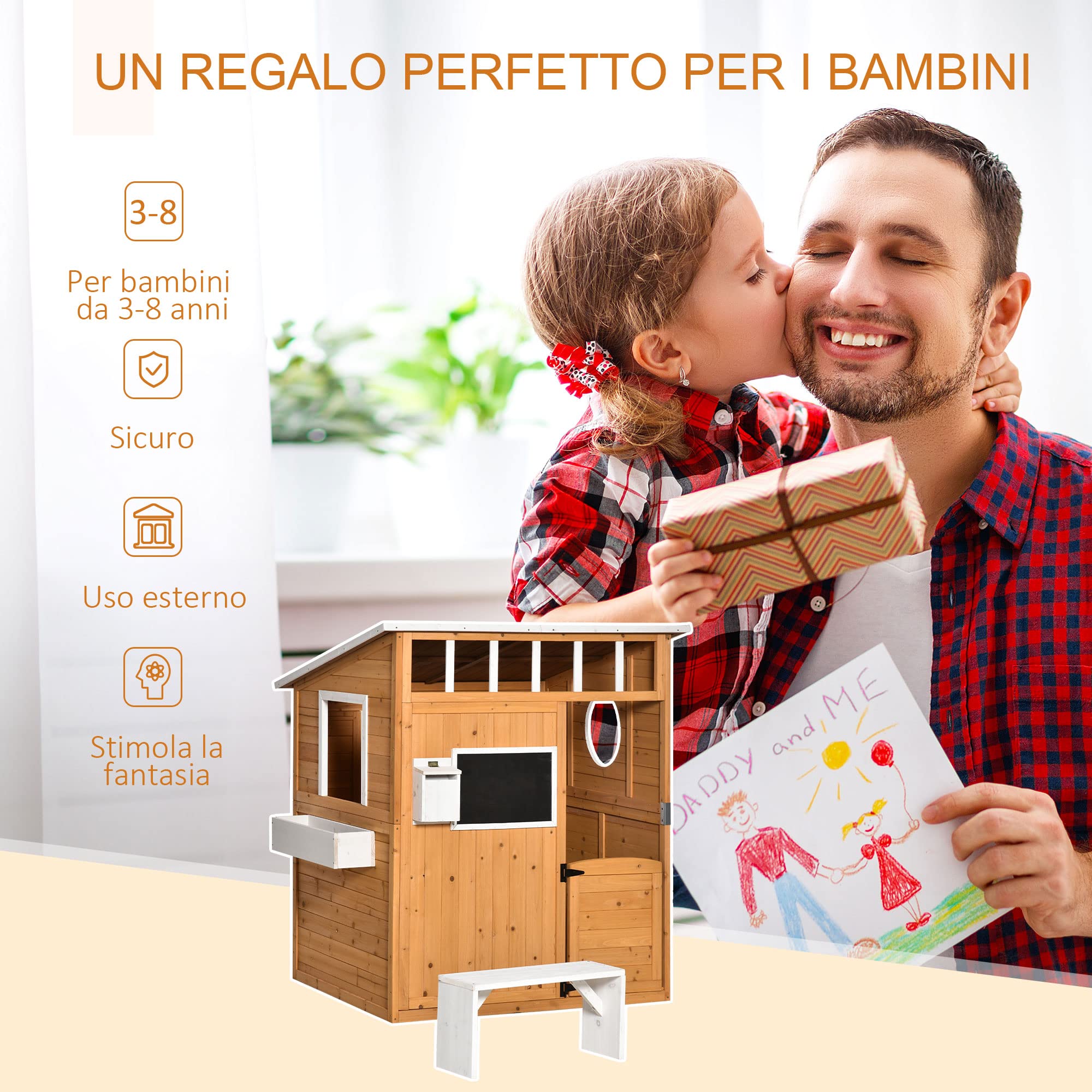 Outsunny Casetta per Bambini in Legno 122x108x135.5cm Gialla con Porta Finestre Panca Portavasi