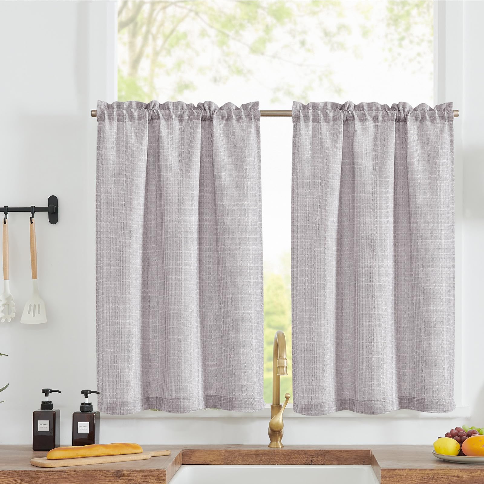 TOPICK Cortinas de cocina, modernas, semitransparentes, cortas, para ventana, para baño, granja, salón, juego de 2 unidades, color gris claro, 70 x 60 cm (ancho x alto cm)