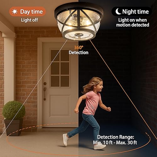 Miniatura 2 de Lámpara de techo con sensor de movimiento, montaje empotrado para exteriores, manual del atardecer al amanecer, negro mate, impermeable, lámpara de