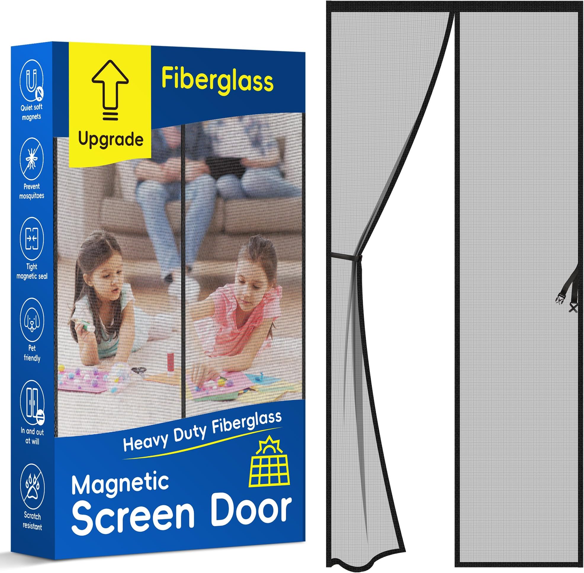 【Fiberglass】 Magnetic Screen Door Mesh - Fit Door Size:36 x 82 Inch, Screen Itself Size:38"x83"-Heavy Duty Fit Interior Door and Sliding, Door Screen Mesh Keeps Bugs Out, Pet and Kid Friendly