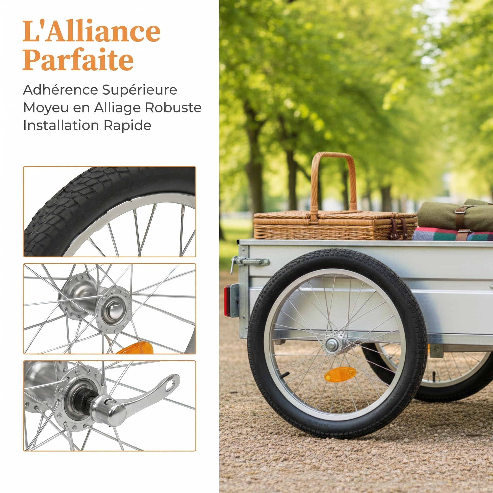 Roue de Remorque Vélo, Pneu Caoutchouc Antidérapant et Aluminium, Dégagement Rapide, Plaque Fixation Crochet, Structure Haute Résistance, pour Remorque Bicyclette Enfant ou Cargo, 14 Pouces