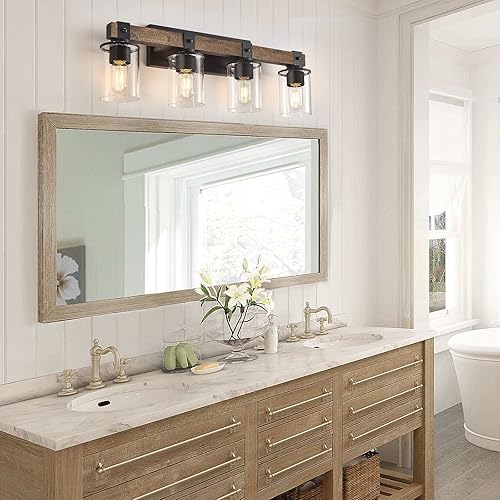 Miniatura 5 de DUJAHMLAND Lámpara de tocador de granja, aplique industrial de madera de 4 luces, iluminación de tocador de baño con pantalla de luces de vidrio