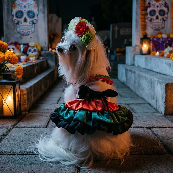 Dog Mexican Dress with Flower Headband Pet Halloween Costume,M | China Poblana Dog Mexican Dress;Pet Flower Crown Headband;Cinco de Mayo Dog Dress;Day of The Dead Costume Halloween Outfits