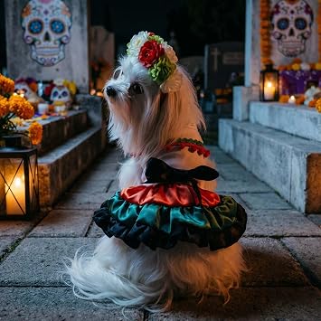 Dog Mexican Dress with Flower Headband Pet Halloween Costume,M | China Poblana Dog Mexican Dress;Pet Flower Crown Headband;Cinco de Mayo Dog Dress;Day of The Dead Costume Halloween Outfits