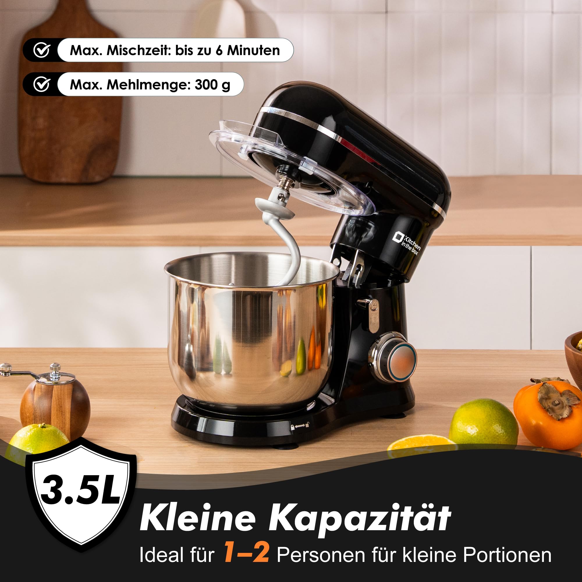 Kitchen in the box Kompakte Küchenmaschine 3,5 L, Rührmaschine & Knetmaschine mit 10 Geschwindigkeiten, Leichte Teigmaschine mit Knethaken, Rührhaken & Schneebesen, ideal für kleine Küchen,Schwarz