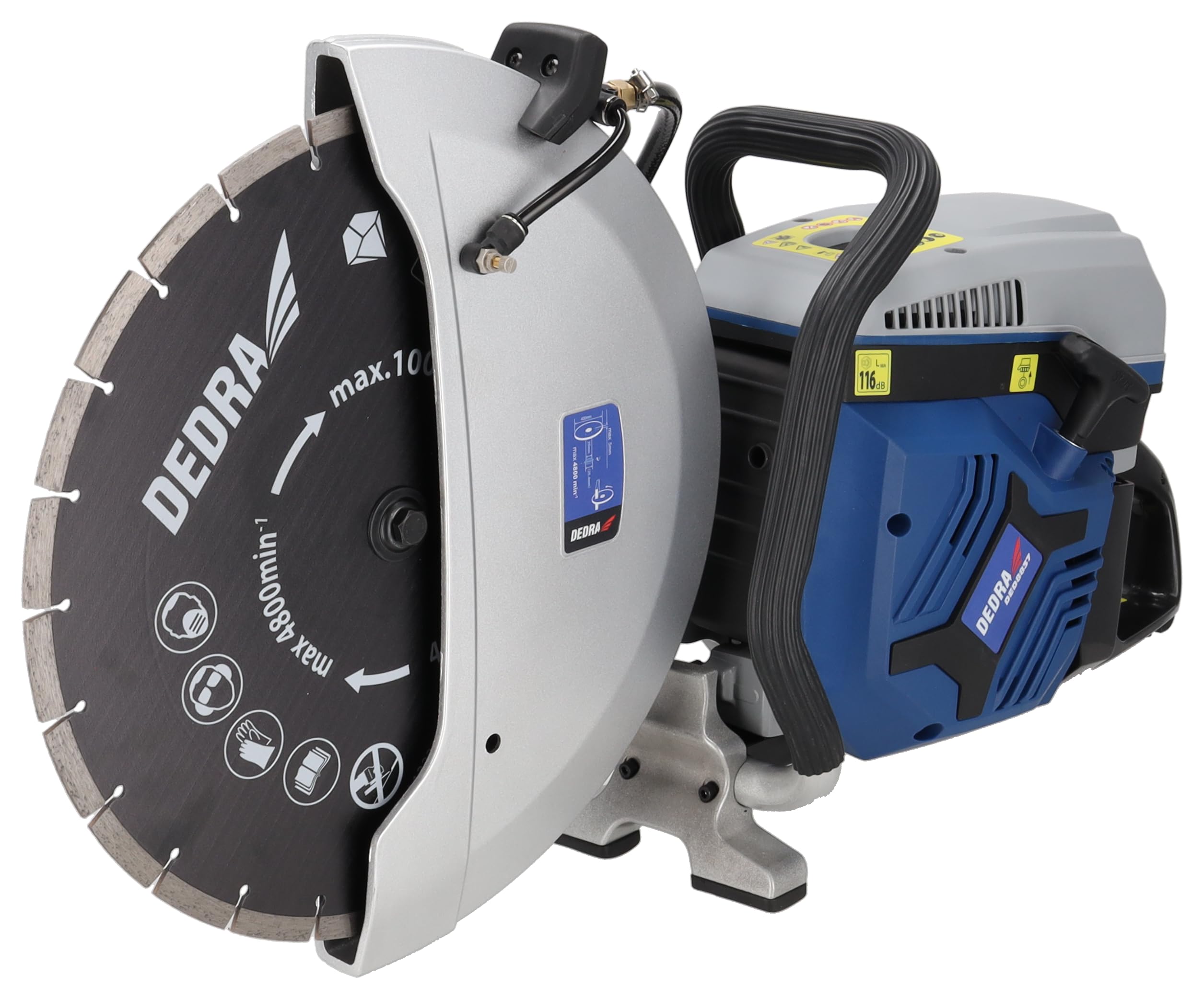 Dedra DED8837 - Cortadora de hormigón y acero de gasolina (400 mm, 4,8 kW, motor de dos tiempos, válvula de alivio, filtro de aire doble, refrigeración por agua, refrigeración por aire y protección
