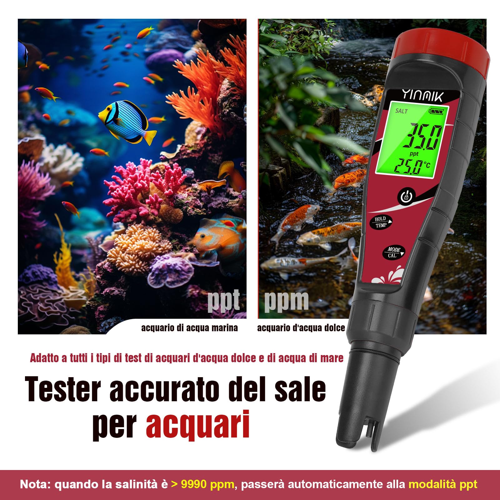YINMIK Test Piscina pH e Cloro Digitale 7 in 1 Misuratore Salinita Piscina | Kit automatico ph e cloro piscina per piscina, Vasca idromassaggio, Acquario, Idroponica e acqua potabile
