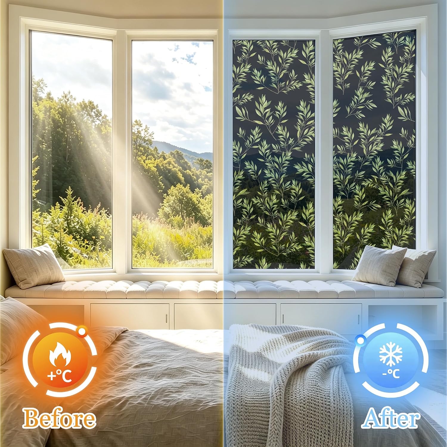 Window Privacy Film One Way Daytime Privacy Botanical Static Cling Window Tint, UV Sun Blocking Reflective Window Films for Home and Office, Green Leaf, 17.7" x 78.7"