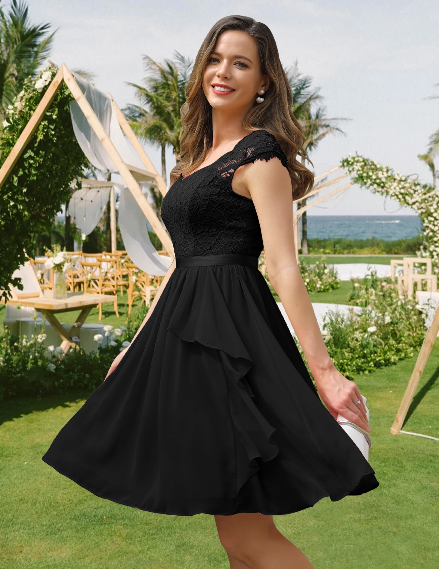 Wedtrend Robe Demoiselle d'honneur Femme en Mousseline Dentelle Elégant Chic pour Soirée et Mariage WT0212 Black L