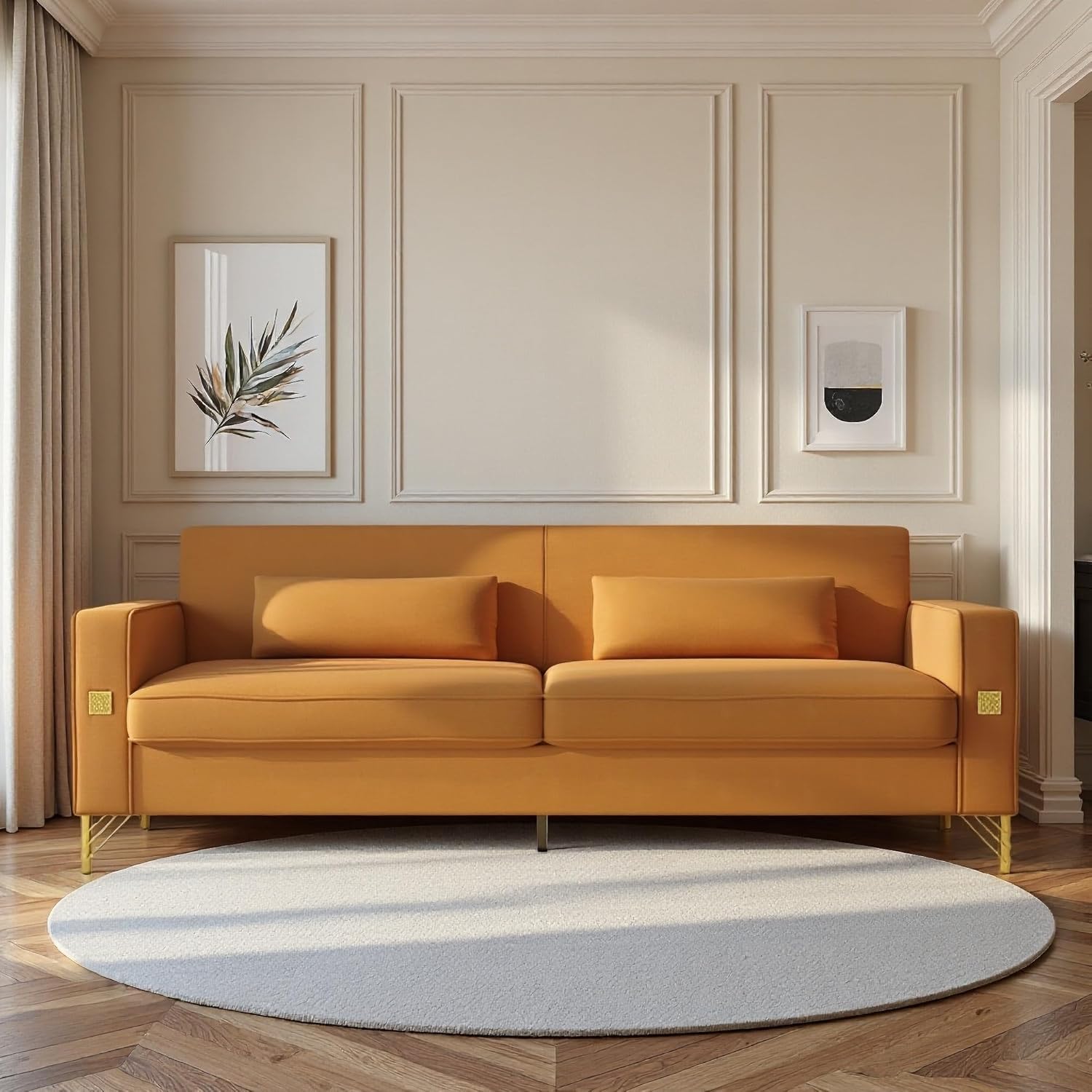 (Sofa) Luxury Velvet Sofa with Gold Accents 3 Seat Couch