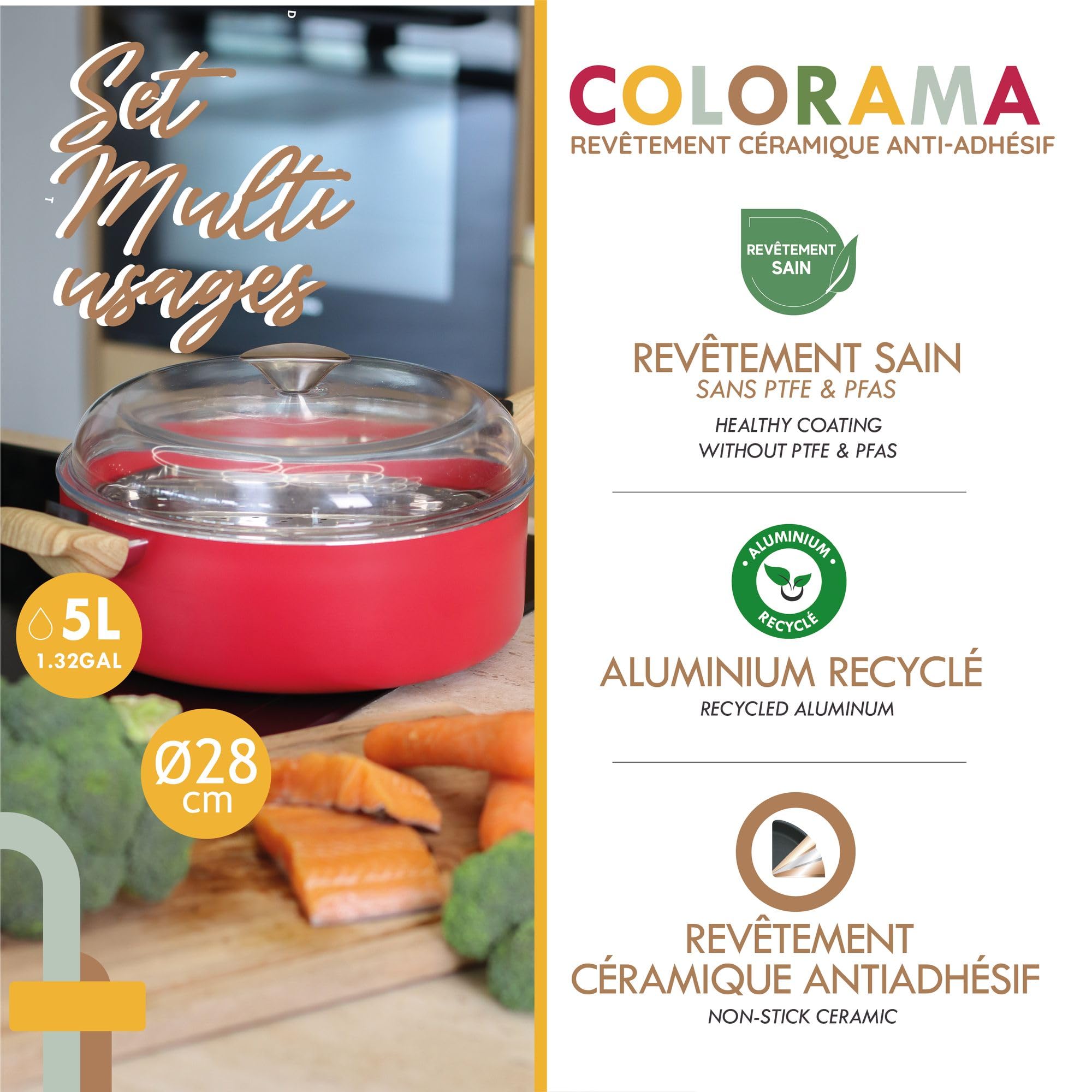 MENASTYL - Set culinaire multi-usages amovible Magenta 28cm en aluminium - Ustensile tout-en-un compatible tous feux et lave-vaisselle - Revêtement en céramique - 6020895