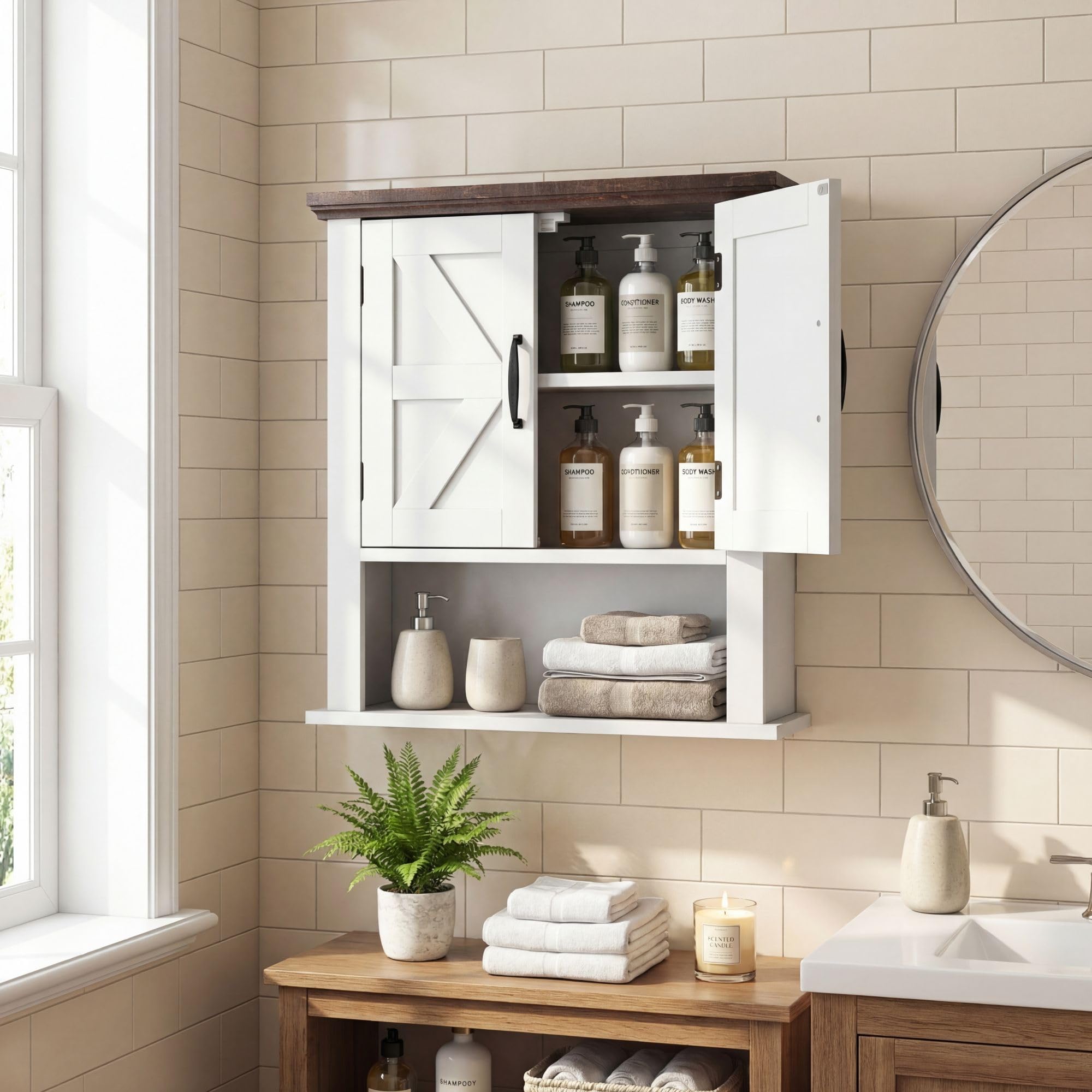 GIANTEX Armario de Pared para Baño, Mueble Colgante con 2 Puertas y 1 Compartimento Abierto, Estilo Granero, Estante Ajustable, 55x19x60cm, Organizador para Cocina, Entrada, Lavandería (Blanco)