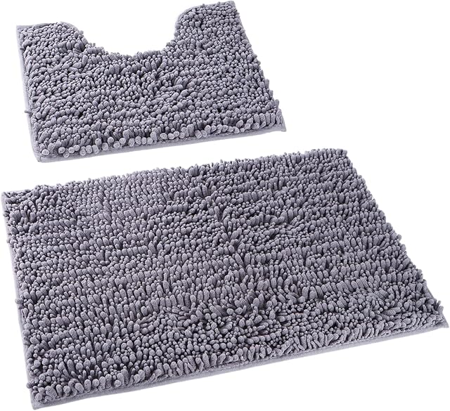 Rururug Bath Mat Set 2 Pieces Extra Soft Chenille Shag Rug Machine Washable Non-slip Bathroom Mat, 19.7" x 31.5"+19.7" x 15.7", Grey
