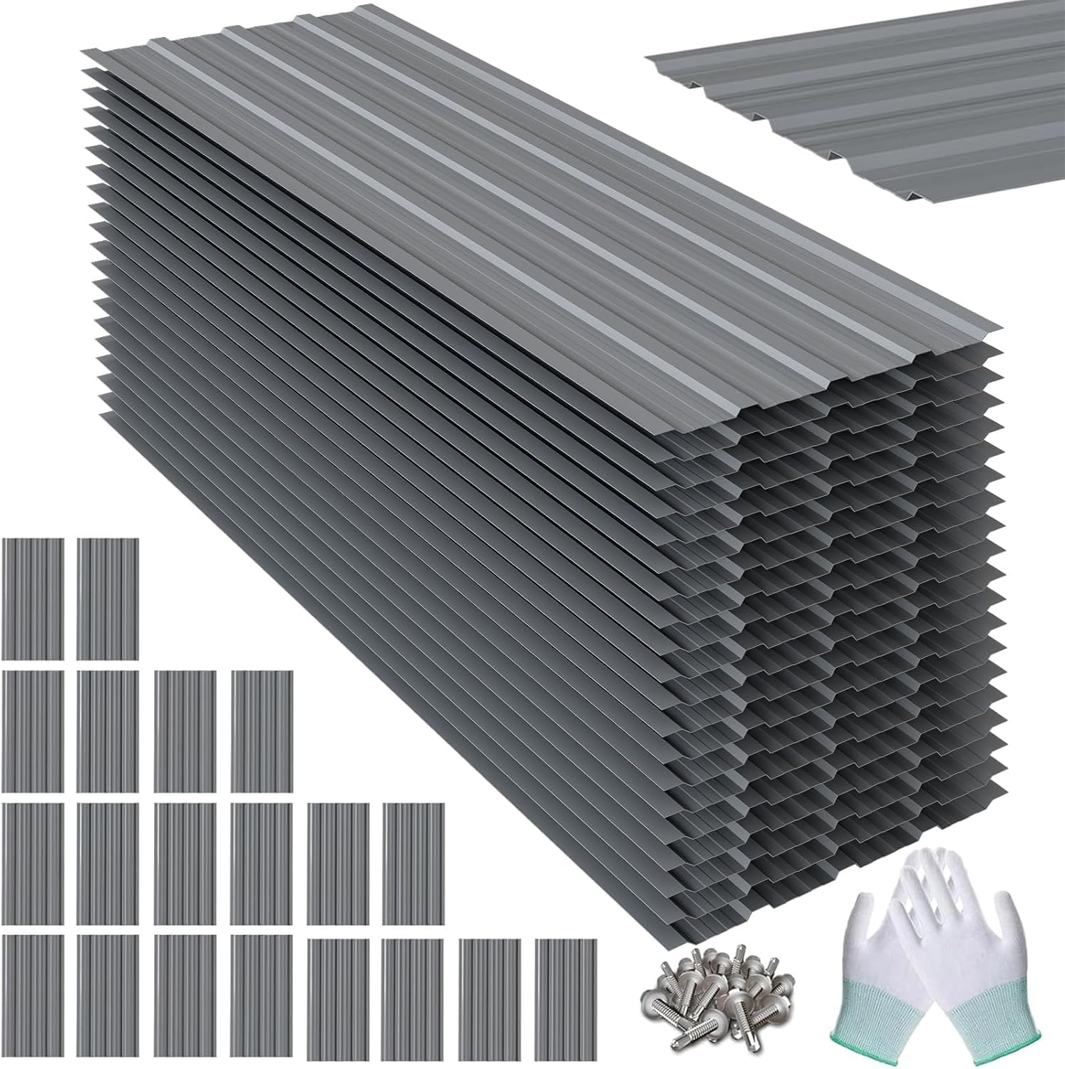20 PCS Metal Roof Panels, 17.7"×73.2" 180 ft² Corrugated Roofing Panels, 6.1Ft Galvanized Metal Siding Panels with 200 Screws and Glove, for Garages, Sheds, Stables, Carport, Grey