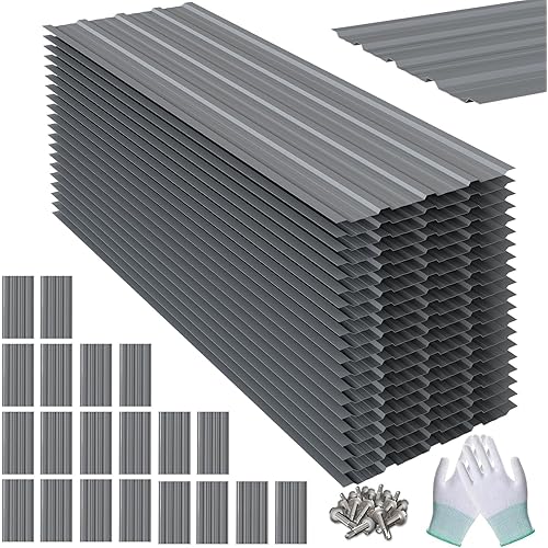 20 PCS Metal Roof Panels, 17.7"×73.2" 180 ft² Corrugated Roofing Panels, 6.1Ft Galvanized Metal Siding Panels with 200 Screws and Glove, for Garages, Sheds, Stables, Carport, Grey