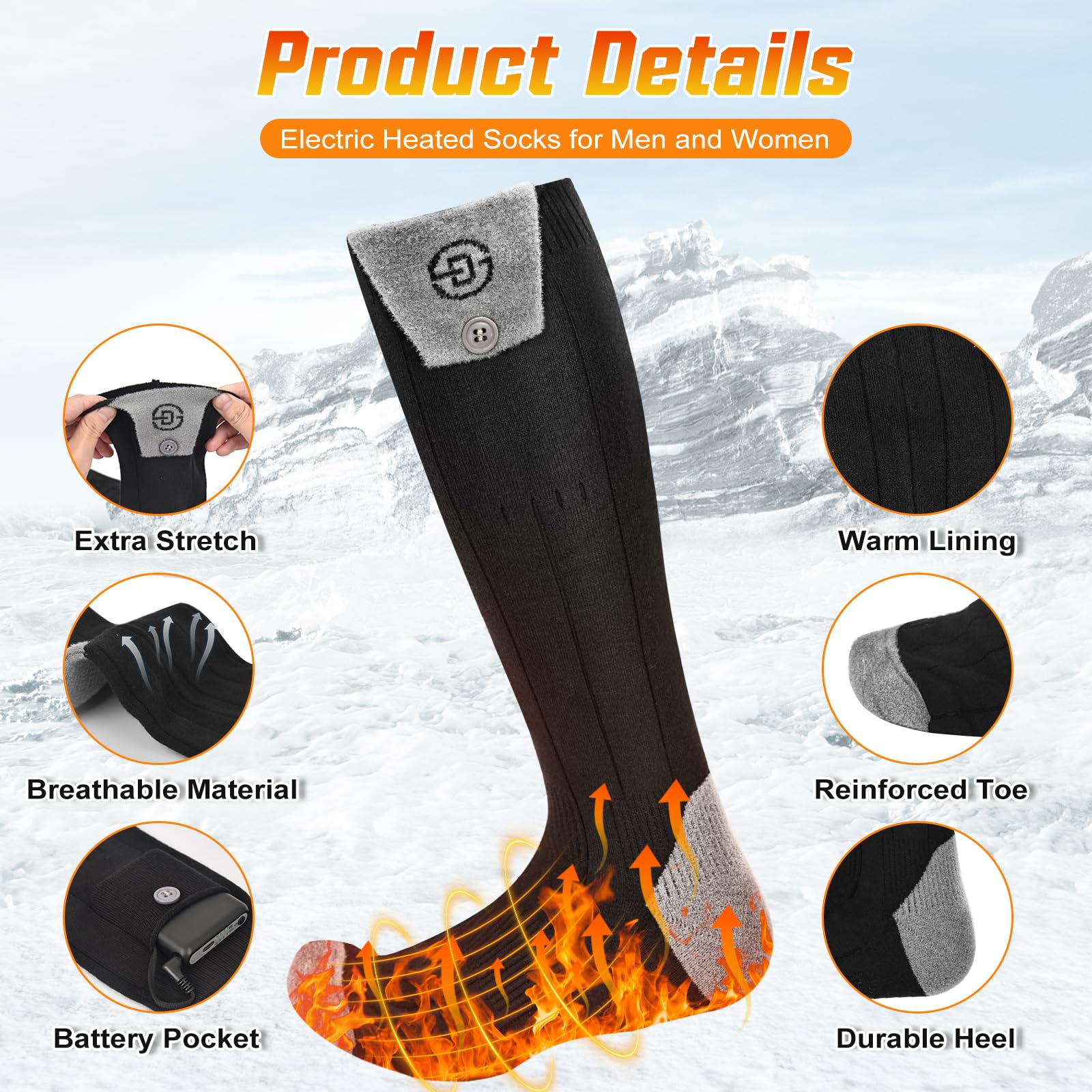 Chaussettes chauffantes rechargeables USB 8000 mAh avec contrôle par application pour homme et femme