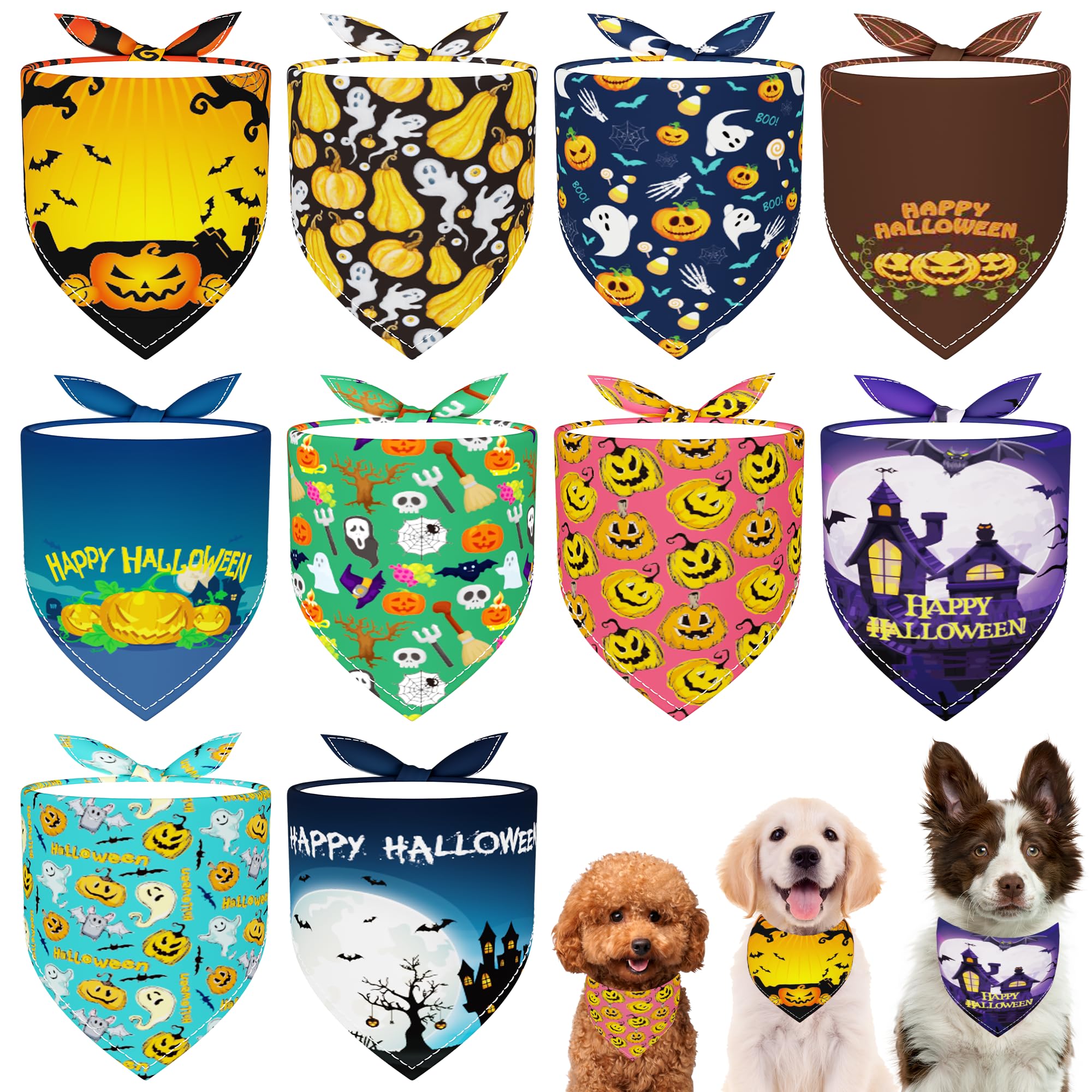 JpGdn 10pcs Halloween Dog Bandanas for Small Dog Washable Stitching edge Selvedge Sewing Triangle Bibs Head Scarves Scarfs Pumpkin Bats Ghost Spider Owls Pattern for Girls and Boys Grooming Costume