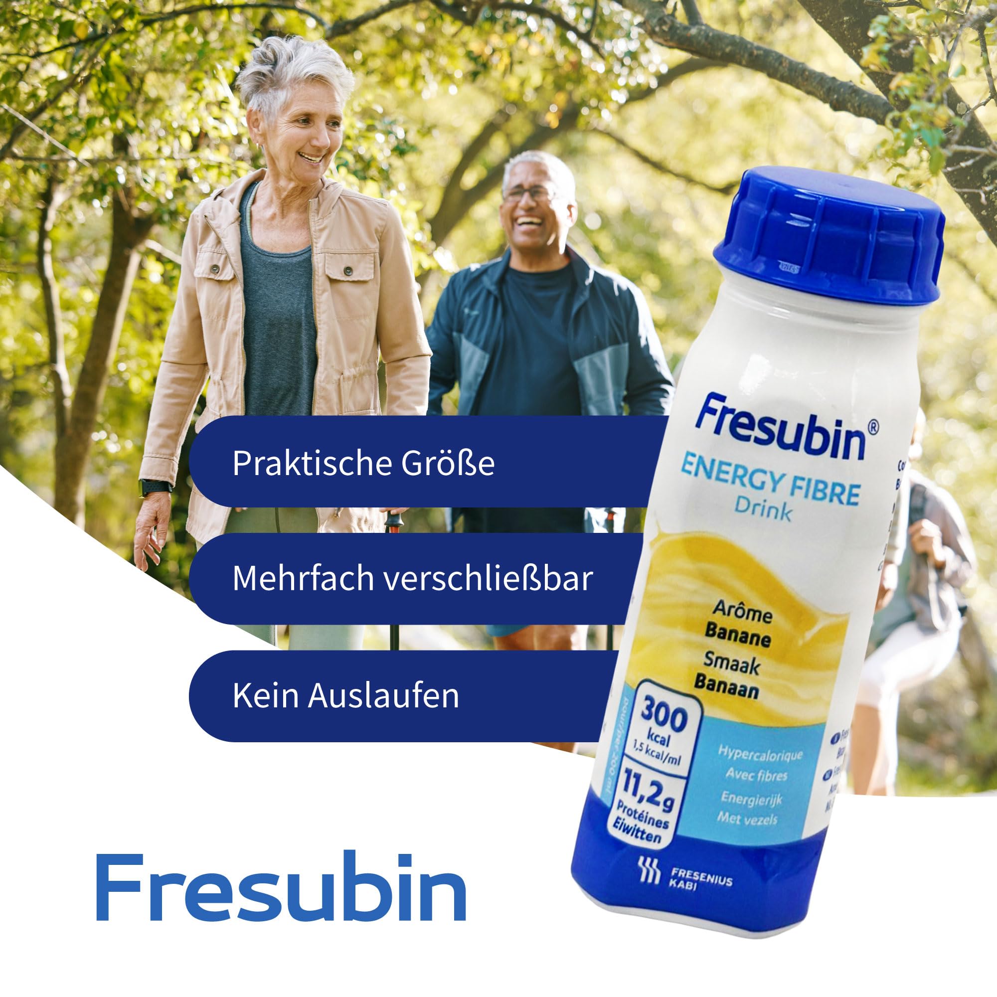 Fresubin ENERGY FIBRE Drink Banane 24x200ml- Hochkalorische Trinknahrung von Fresenius Kabi, 300 kcal pro Flasche, glutenfrei, ideal bei Mangelernährung