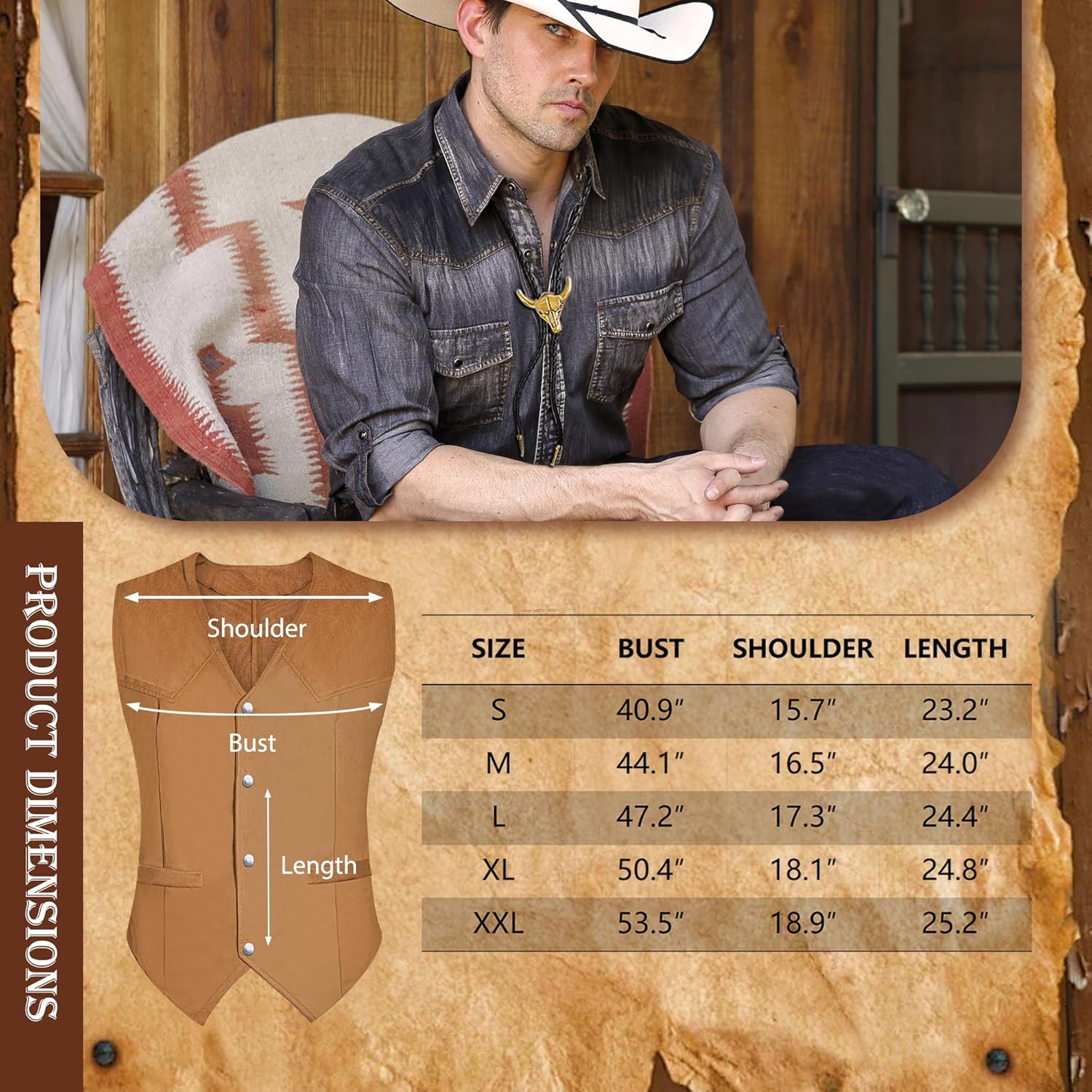 RIOSO Cowboy Outfit for Men Western Suede Leather Vest Belt Necktie Set Men's Cowboy Costume Accessories (without Hat) - Image 7