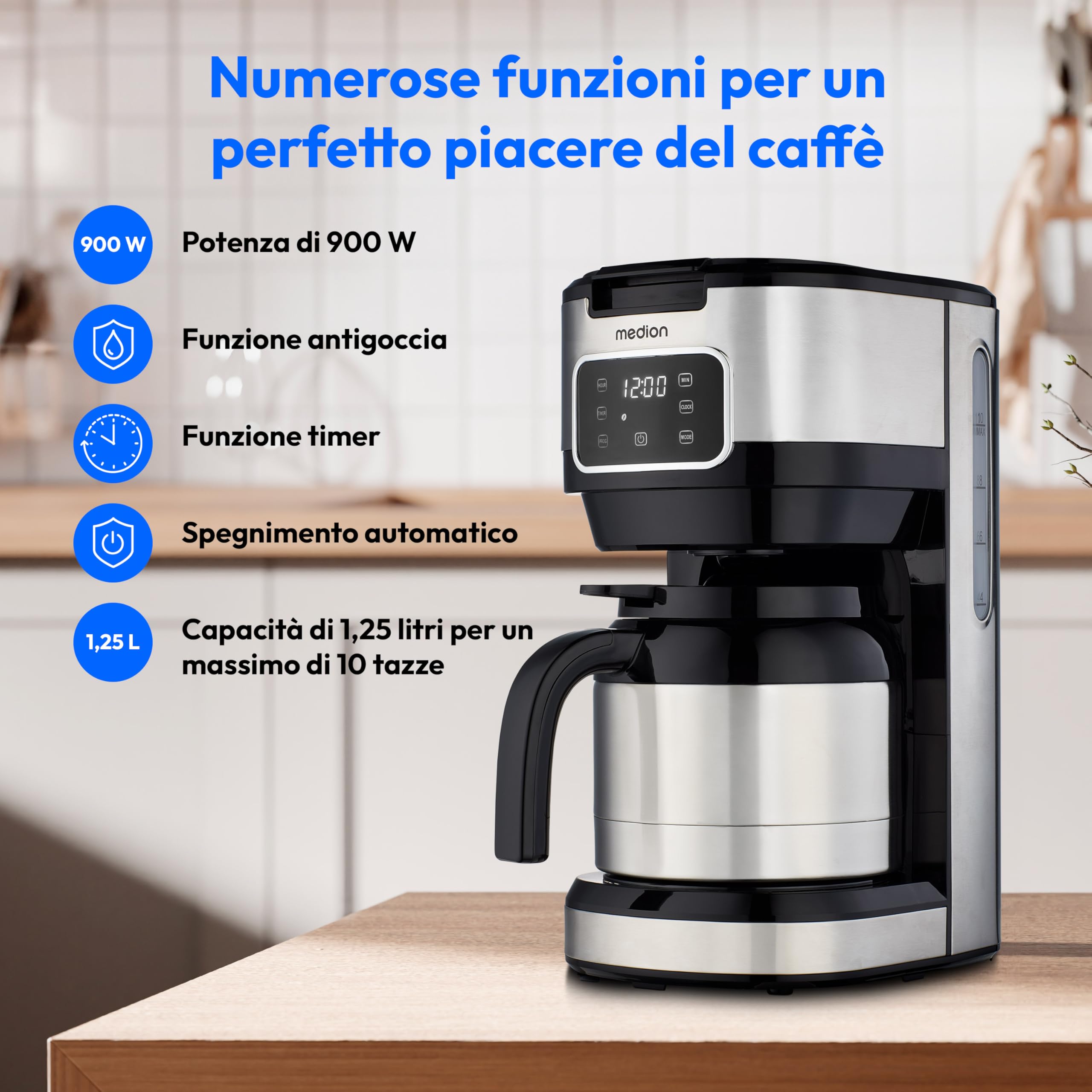 MEDION Caffettiera con caraffa thermos e timer (caffettiera a filtro, 10 tazze, 1,25 litri, 900 watt, timer, antigoccia, display, MD11019) acciaio inox