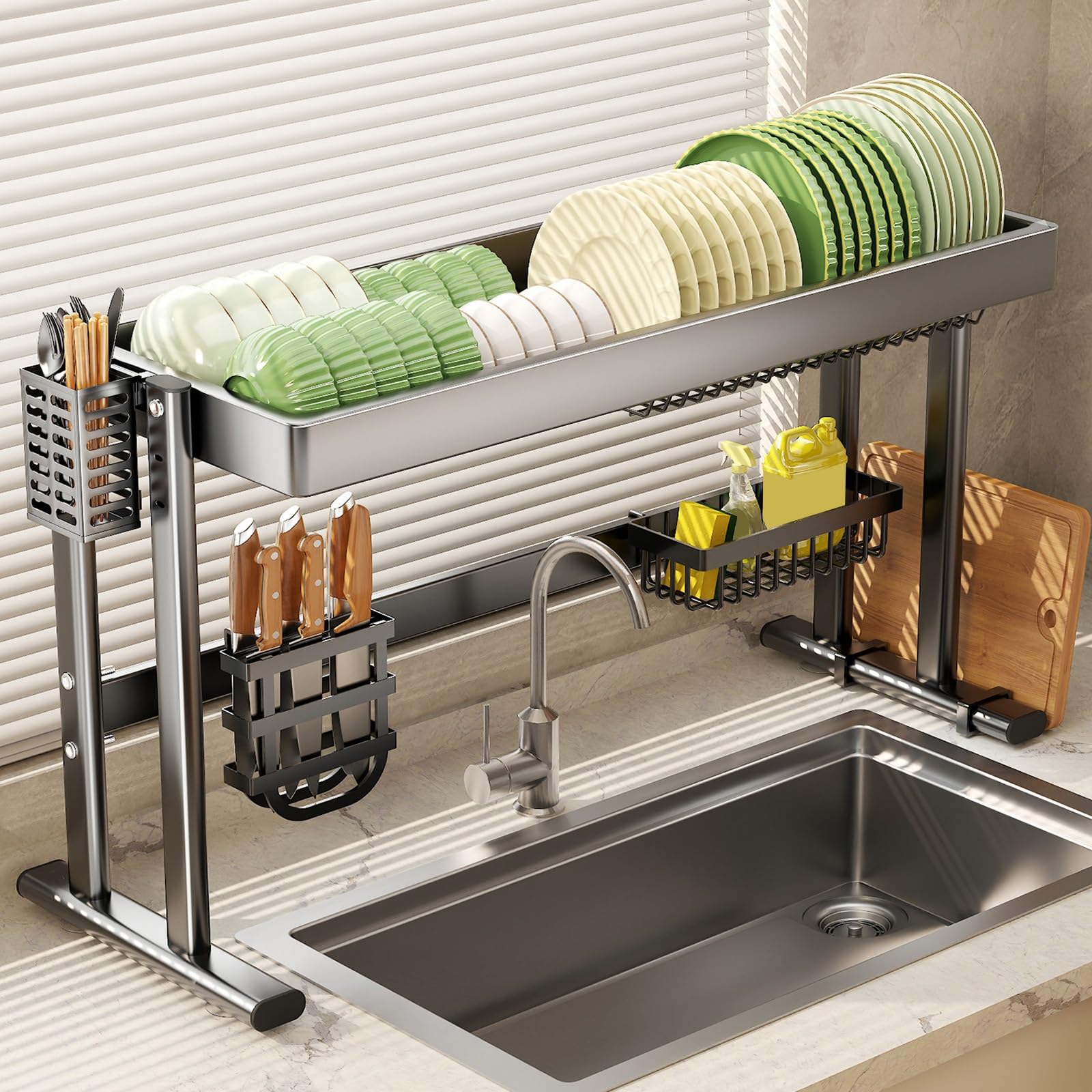CAFIEDR Large Capacity Over The Sink Dish Drying Rack - 2-Tier Steel Dish Drainer * Utensil Holder - Multifunctional Kitchen Counter Organizer For Plates * Bowls.1tier-65cm/25.6in