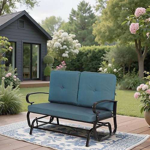 Miniatura 4 de Banco al aire libre para patio, mecedora de 2 asientos, mecedora de hierro forjado para patio exterior con cojín (azul)