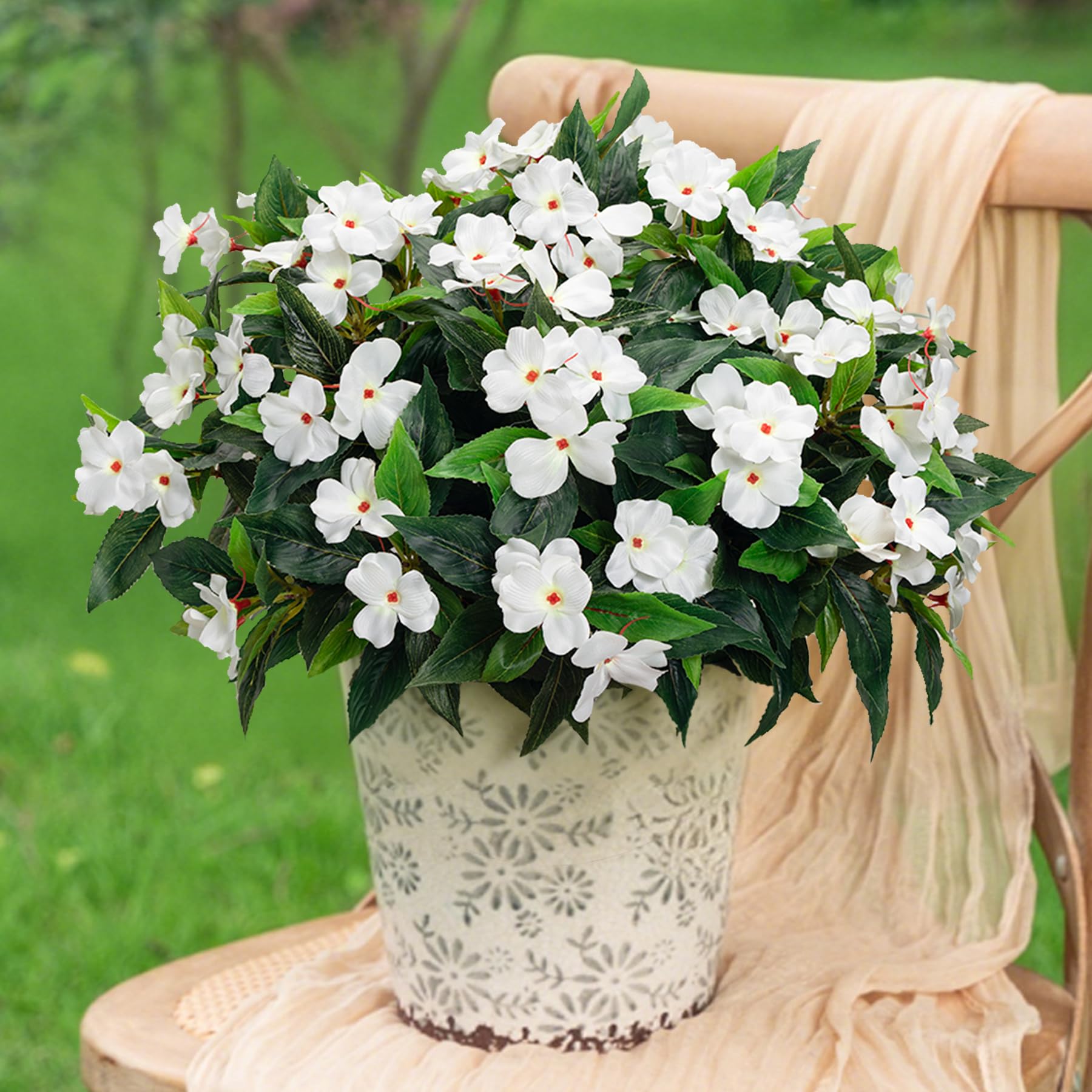 Uqueeten Fake Flowers Artificial Flowers for Outdoor，White Artificial Impatiens Bouquet Flowers for Outdoors，Spring Flowers Artificial Impatiens