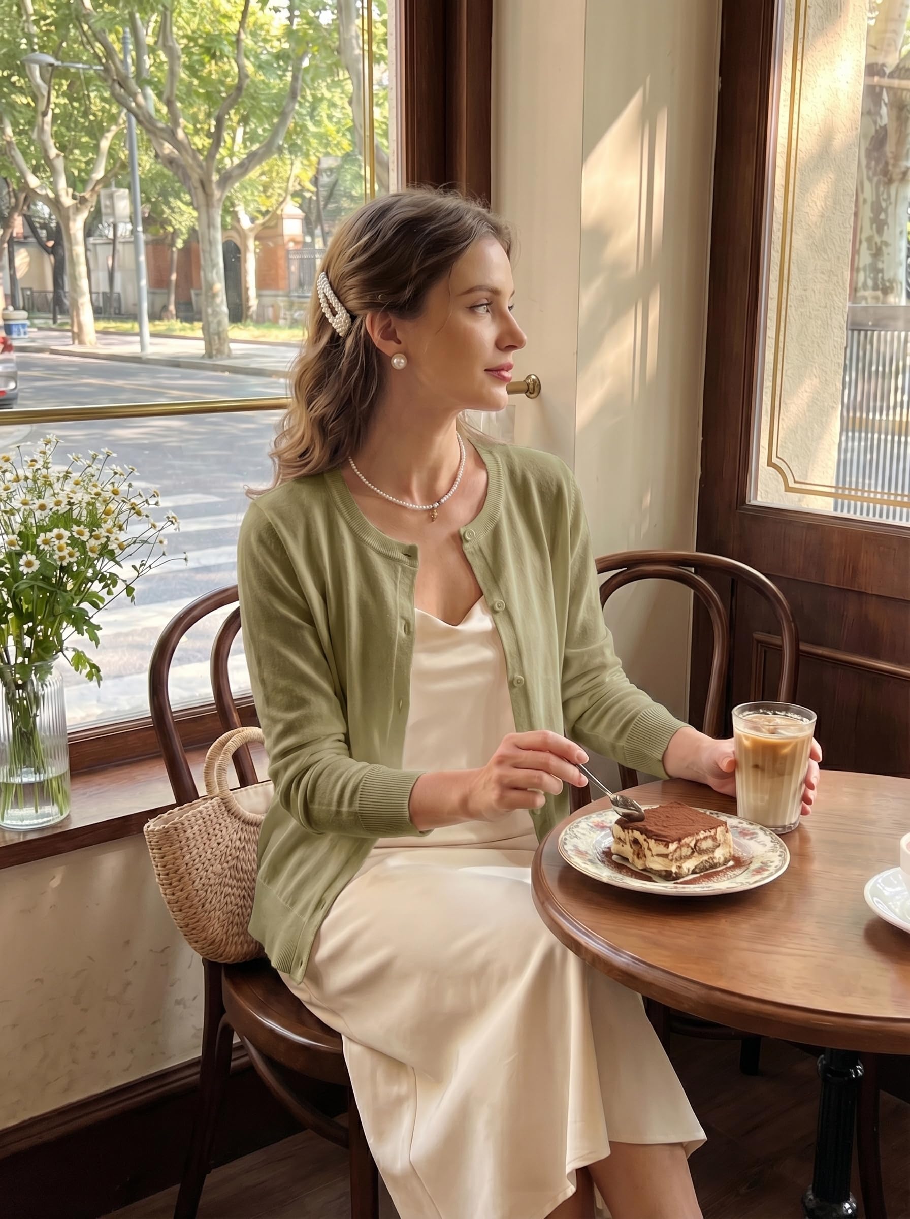 GRECERELLE Cárdigan suave de verano para mujer, bonito y ligero, cuello redondo, manga larga, suéter de punto sólido, suéteres casuales con botones para mujer, noches de verano y citas