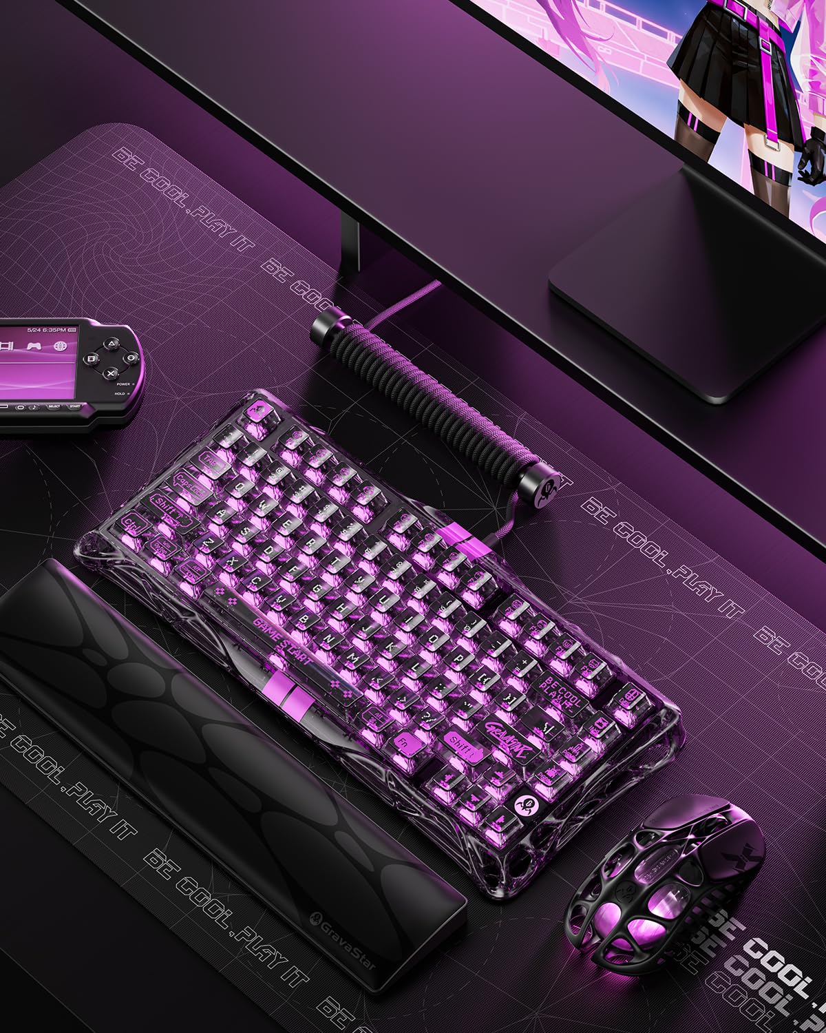 GravaStar Mercury Klawiatura do gier z serii V75, efekt Halla, tylko przewodowa, układ 75%, klawiatura do gier z przełącznikami magnetycznymi, hot swap, 8000 Hz, dwustrefowa RGB (przezroczysta czarna)