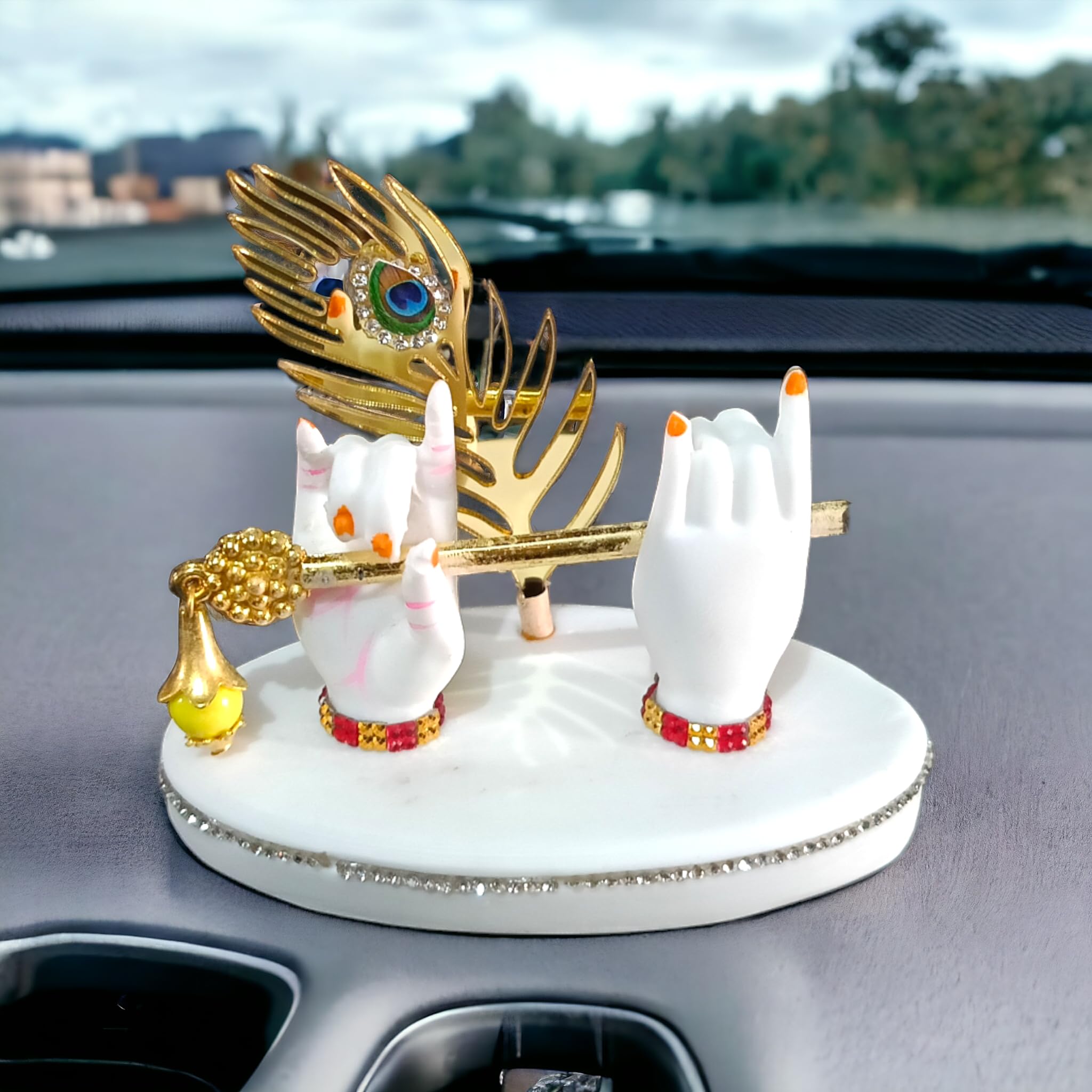 Mini Krishna Hand Flute Idol for Car Dashboard and Office Table Showpiece Gift | Krishna Idol | Krishna Murti | Small Krishna Hand Statue for Car | Resin, White, Glossy