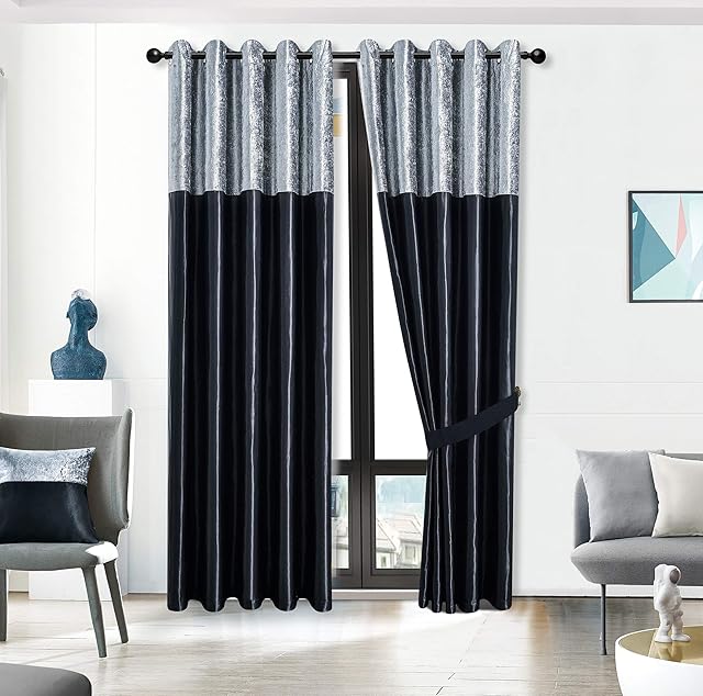 Pair of Crushed Velvet Band Curtains Fully Lined Eyelet Ring Top Faux Silk Window Treatment Panels (Silver Black, 46" x 54")