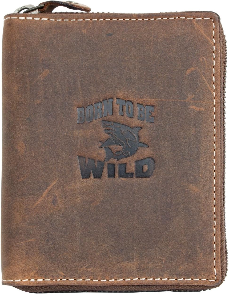 Natural Zip-around Large Genuine Leather Wallet Born to Be Wild with Shark