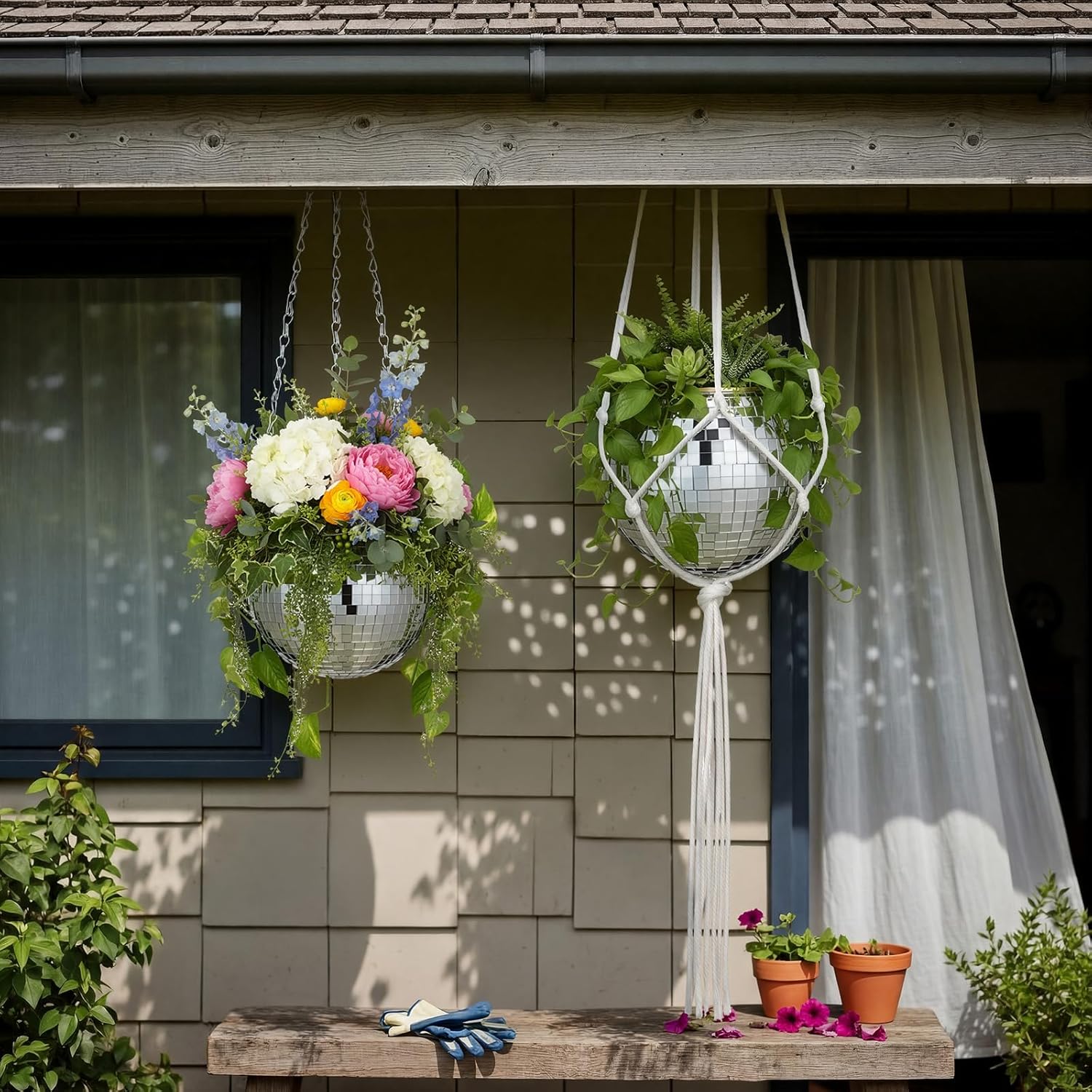 Novabright 2 Pcs 8" Self Watering Disco Ball Planters, Mirror Disco Ball Hanging Planter Flower Pots with Chain and Rope, Wood Hook for Stand for Desk Extra Mirror Pieces, Gifts for Plant Lover