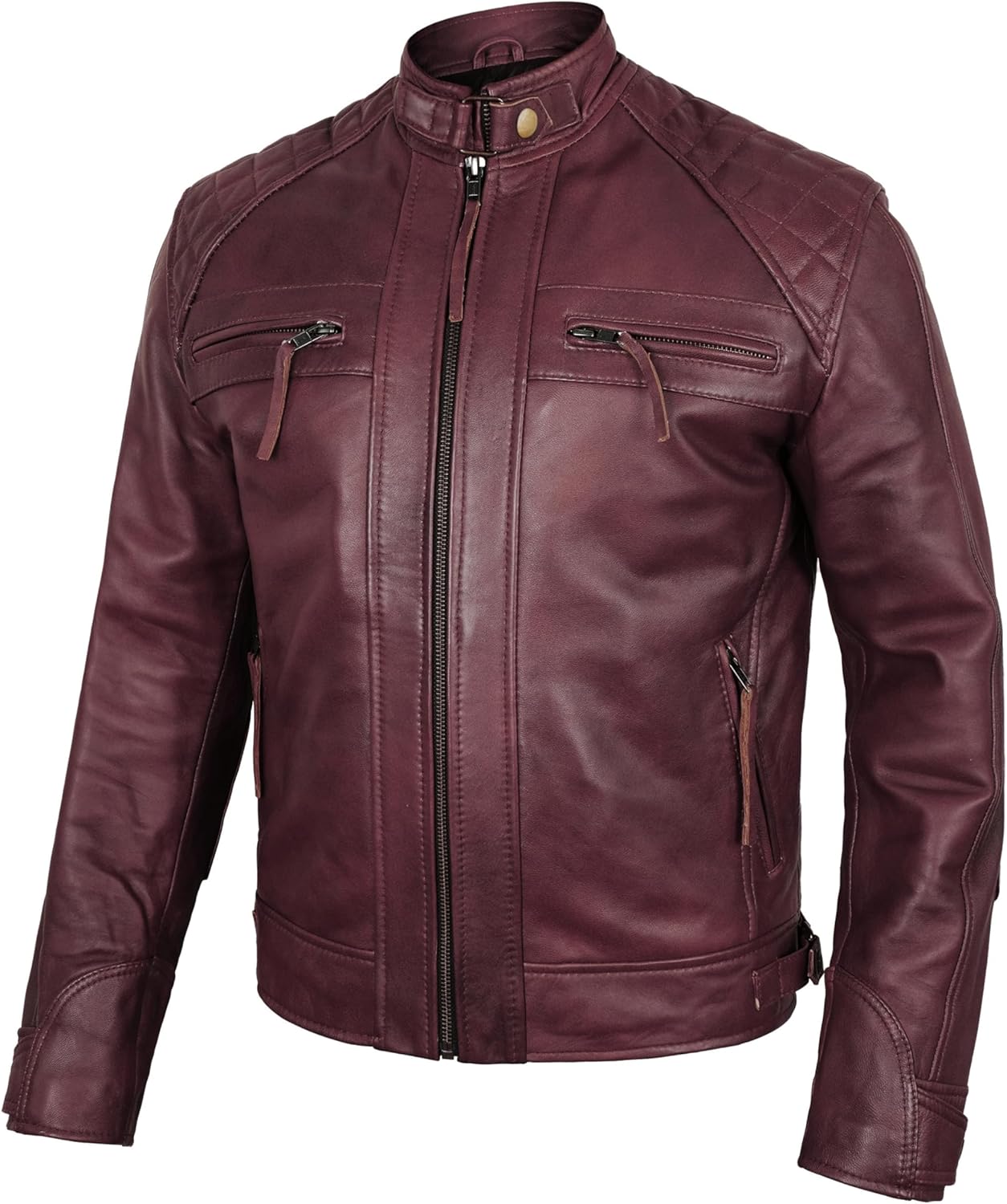 Quilted Leather Jacket for Men - Premium Lambskin Diamond Style Cafe Racer Motorcycle Leather Jacket