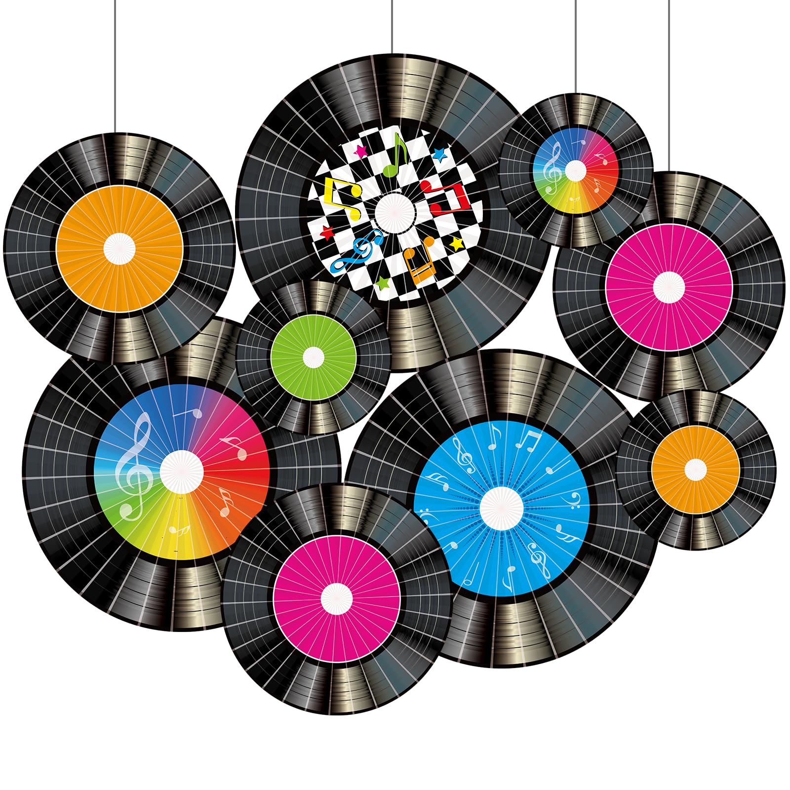 CHUNNIN 18 Pcs Colorful Vinyl Record Hanging Paper Fans, 3 Sizes (8/12/16 inches), Vintage Music Theme Party Decorations for Living Room