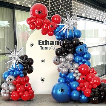 129PCS Red Blue Superhero Balloon Arch Garland Kit with Black and Silver Balloons for Spider Theme Party, Hero Theme Birthday, Superhero Party and Spider Decorations