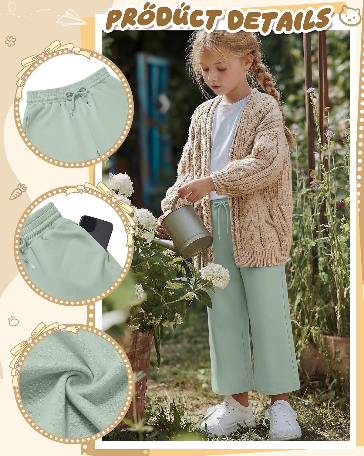 4 Pack Girls Capri Pants Wide Leg Baggy Cropped Sweatpants Basic Casual Solid Capris with Pockets and Drawstring