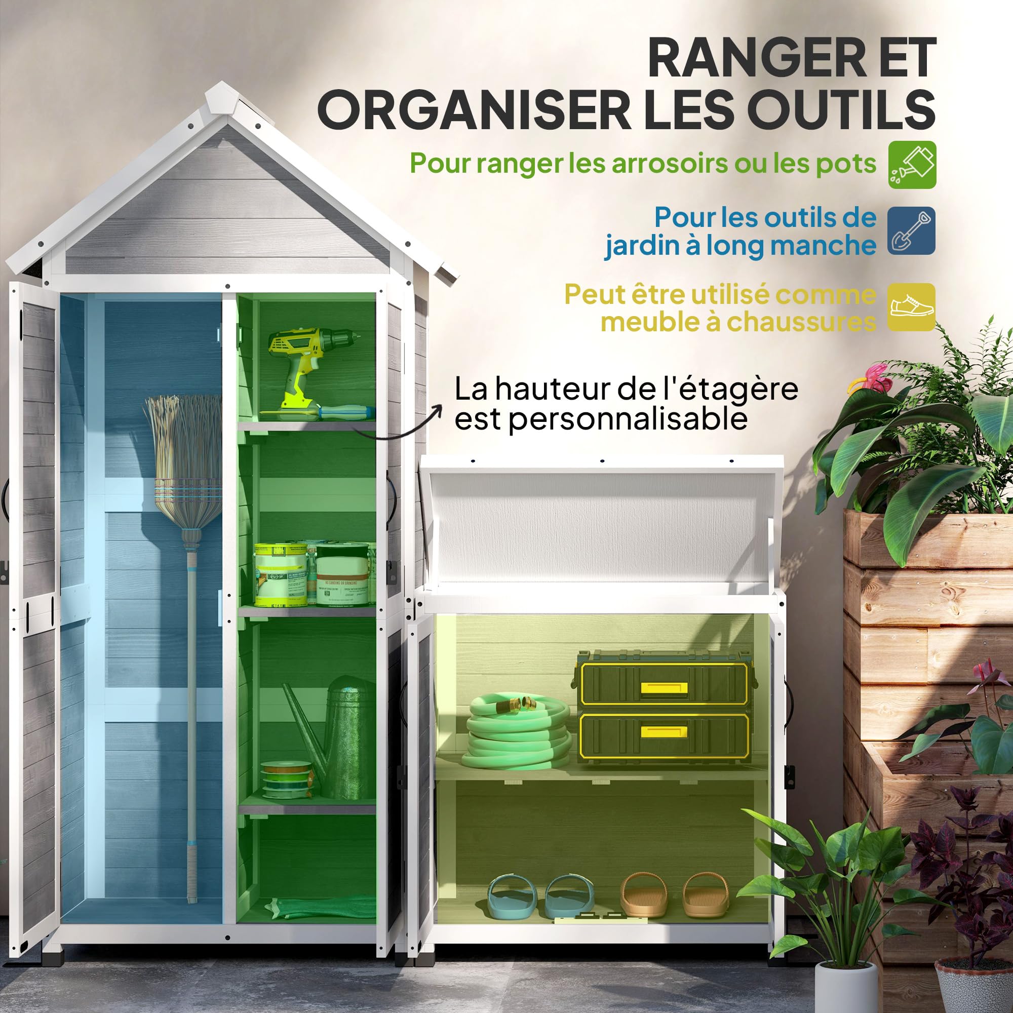 Outsunny Abri de Jardin + Armoire de Rangement en Bois, cabane de Jardin extérieur intérieur avec Toit incliné en Asphalte, étagères et Portes verrouillables, Armoire à Outils pour Balcon, Gris