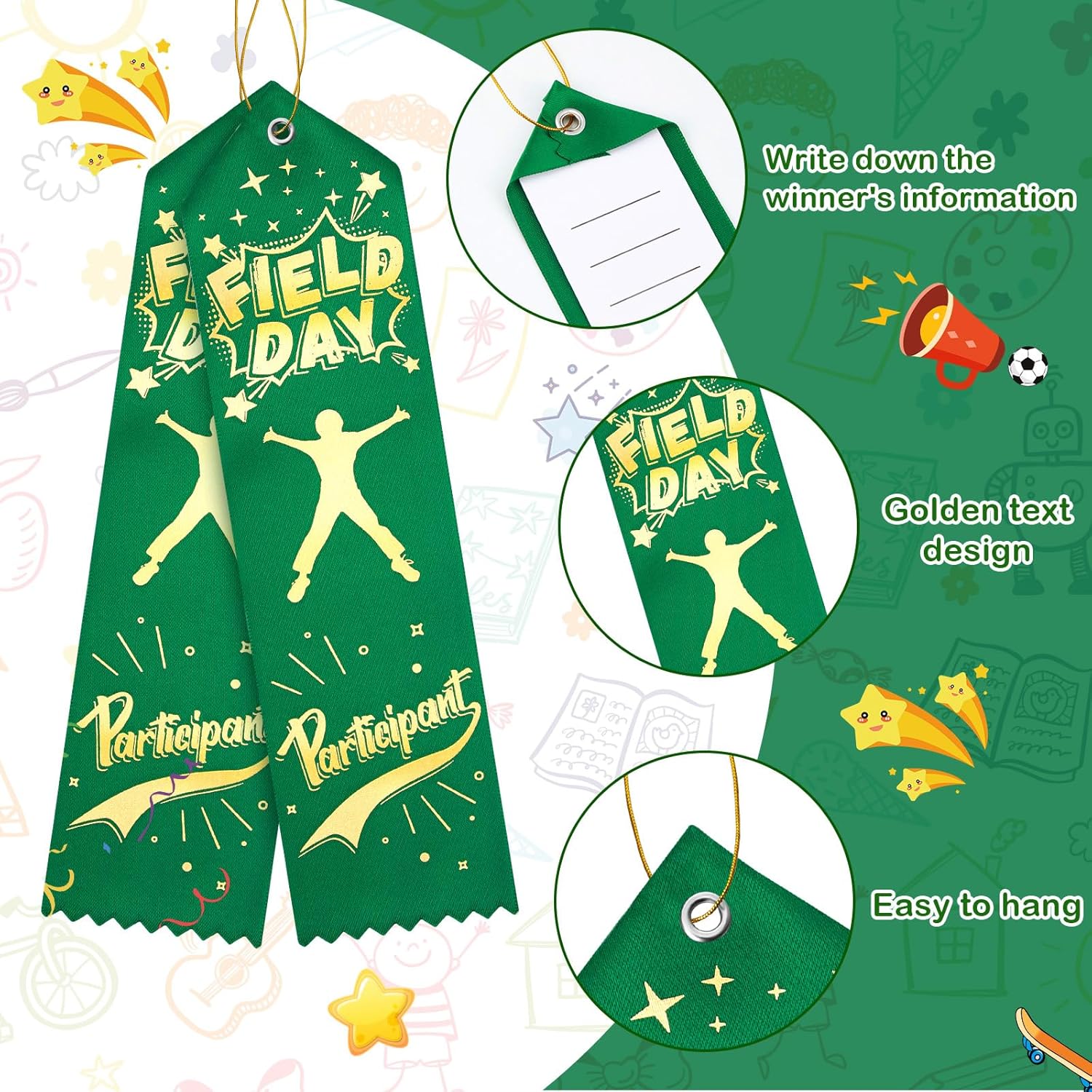 Kisston 200 Pcs Field Day Participant Ribbons Award Ribbon Prize Ribbons Winner Recognition Ribbon with Card and String for Competition Sports Event Contest Prize Ornaments (Classic)