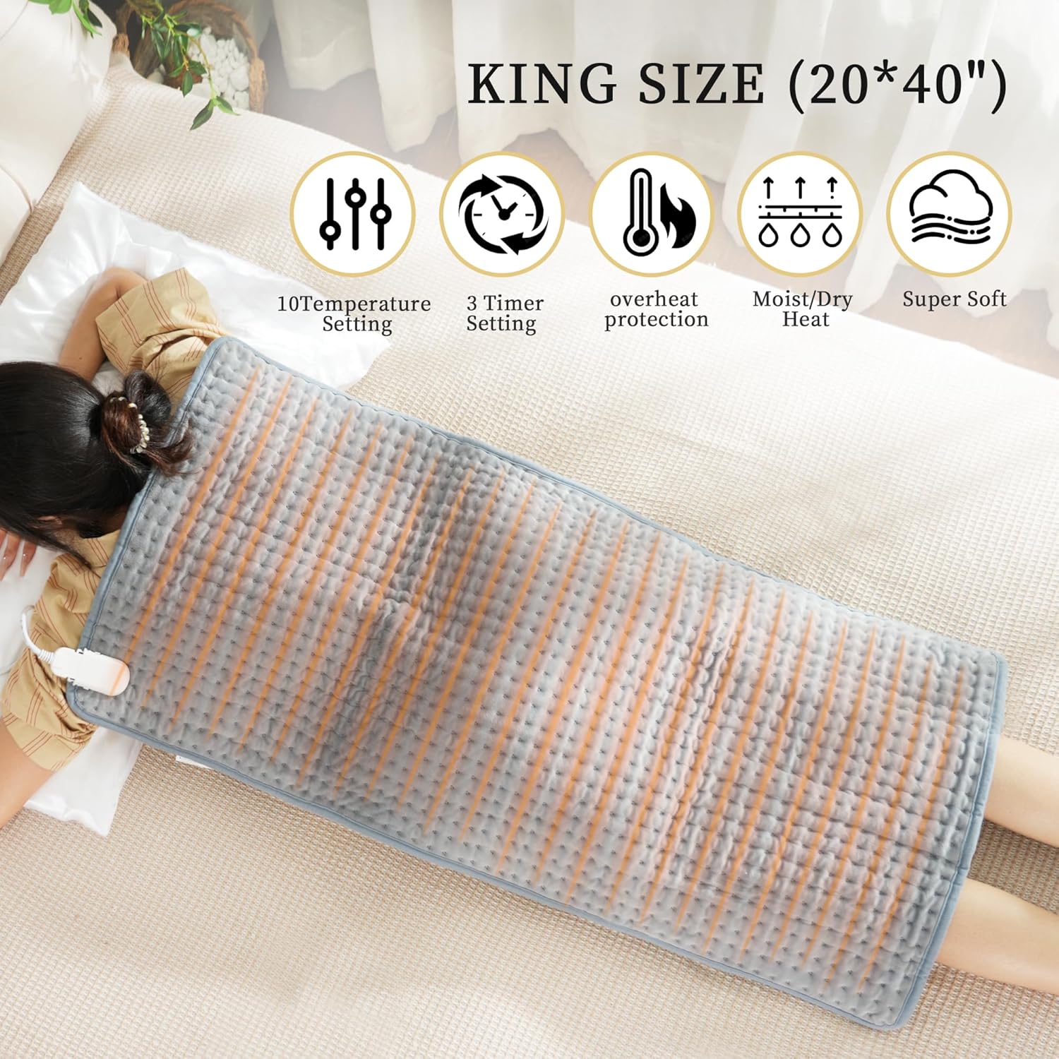 Extra Large Heating pad,XXXL Heating Pad for Back Pain Relief, 20x40 Electric Heating Pad Moist Heat Fast Heating 10 Heat Settings Auto Shut Off Soft Washable Heat Pad for Neck Shoulder Muscle Cramps