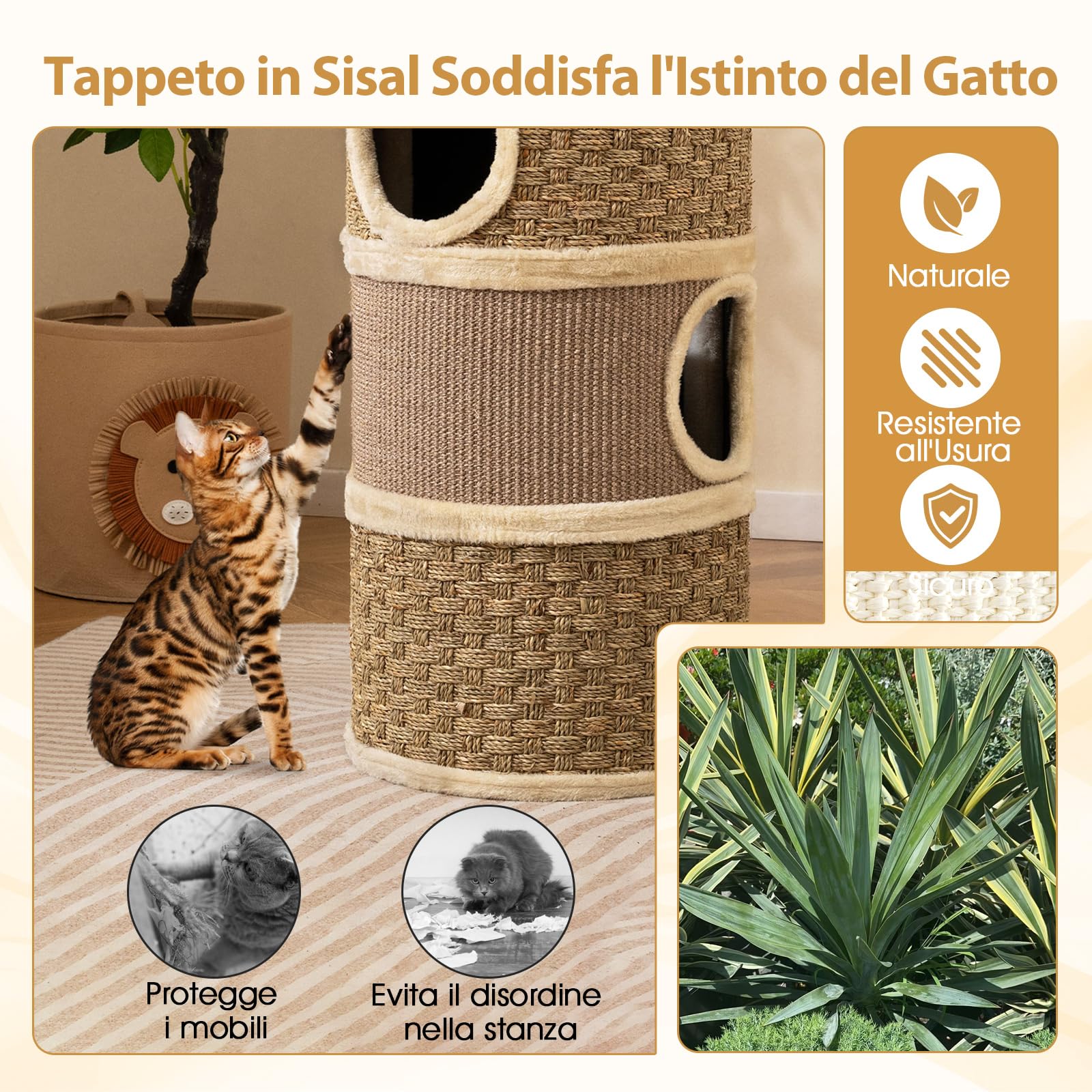 COSTWAY Cuccia per Gattini a 3 Piani a Barile (Marrone, 36 x 36 x 70 cm) | Torre per Gatti con Tappetino Tiragraffi in Sisal, Letto Morbido per Nanna e Base Rinforzata per Appartamenti