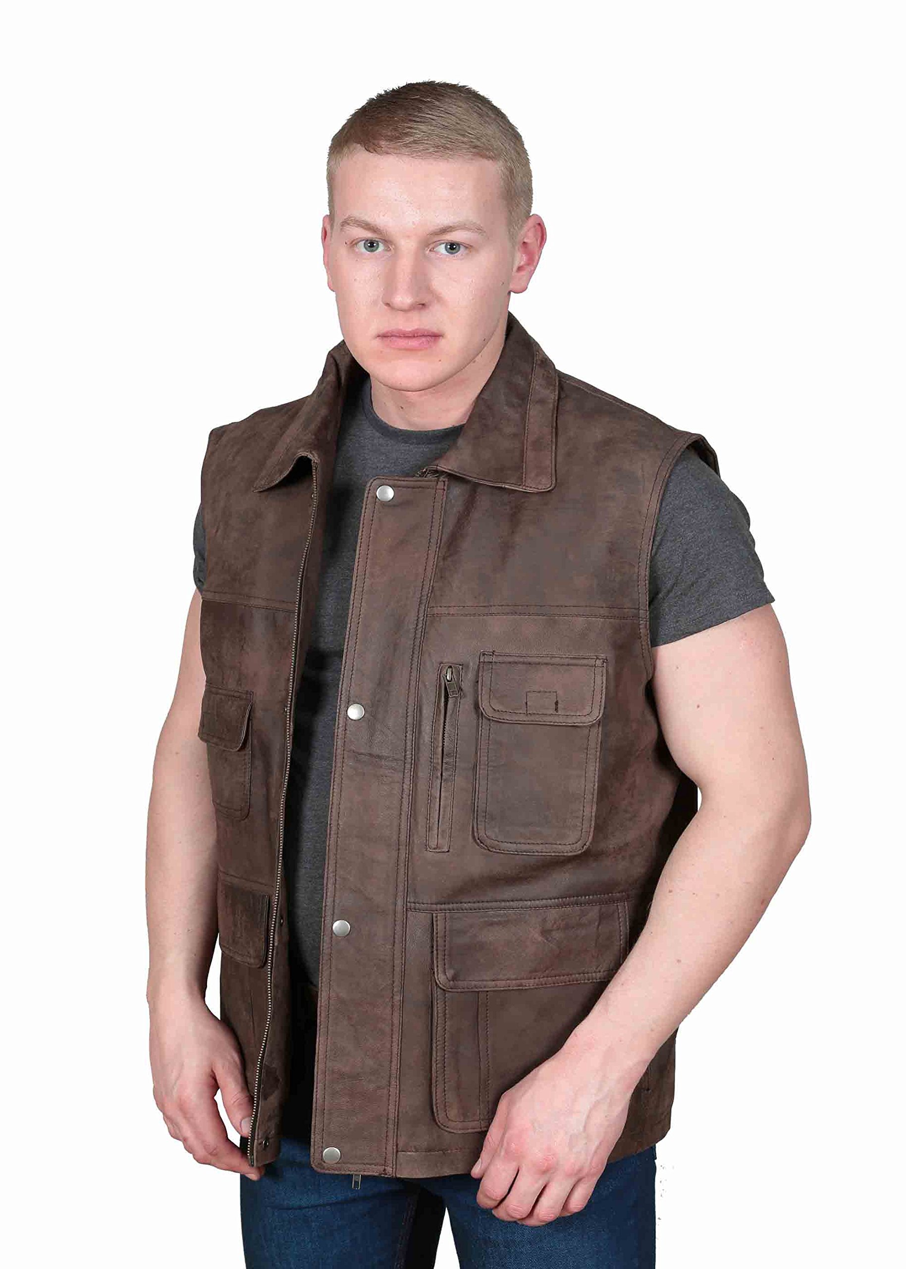 A1 FASHION GOODS Countrymen Brown Leather Waistcoat Multi Pockets Hiking Walking Hunters Gilet Boyles