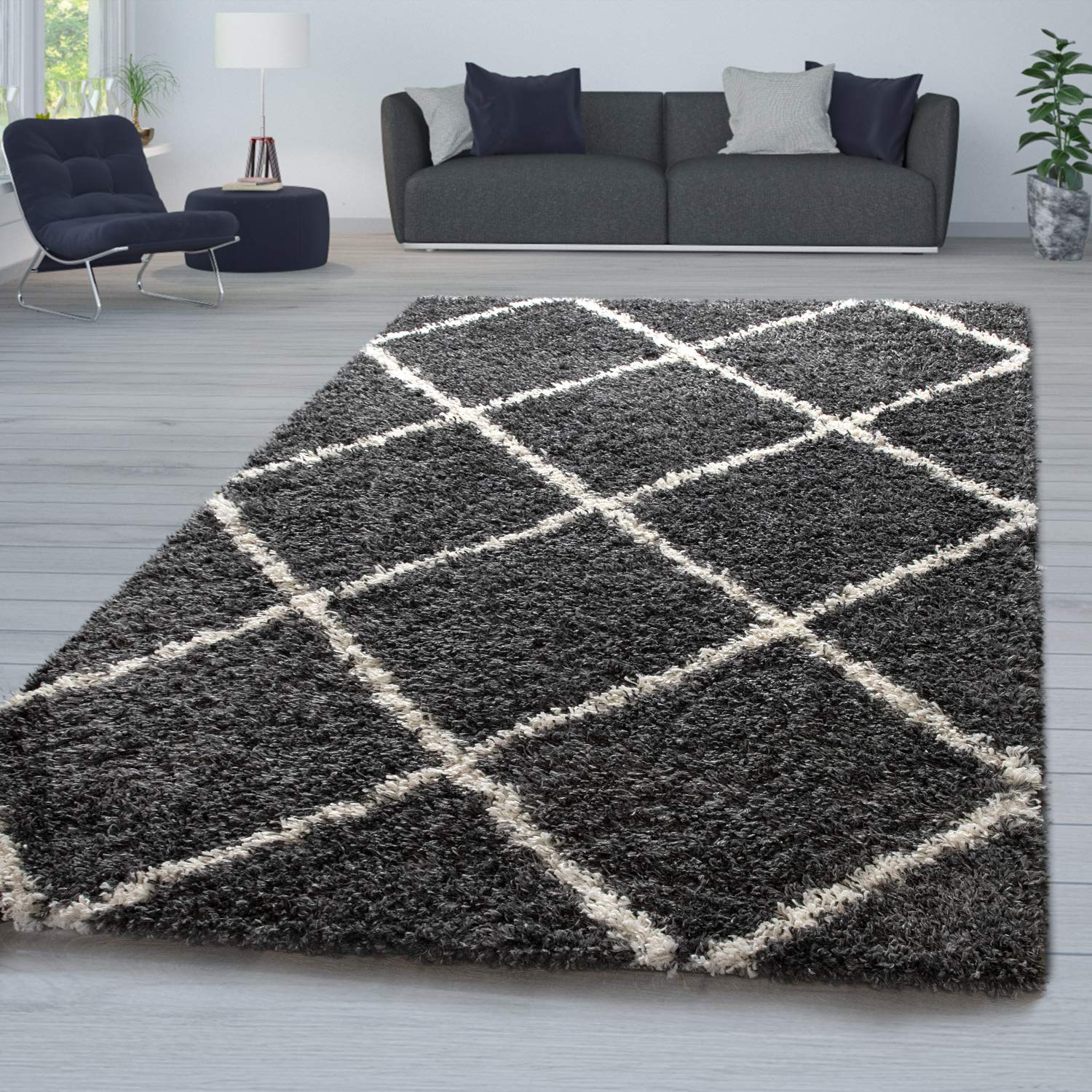 TT Home Alfombra Salón Pelo Largo Shaggy Diseño Moderno Rombos Escandinavo, Beige Gris, Color: Antracita, Tamaño:160x220 cm
