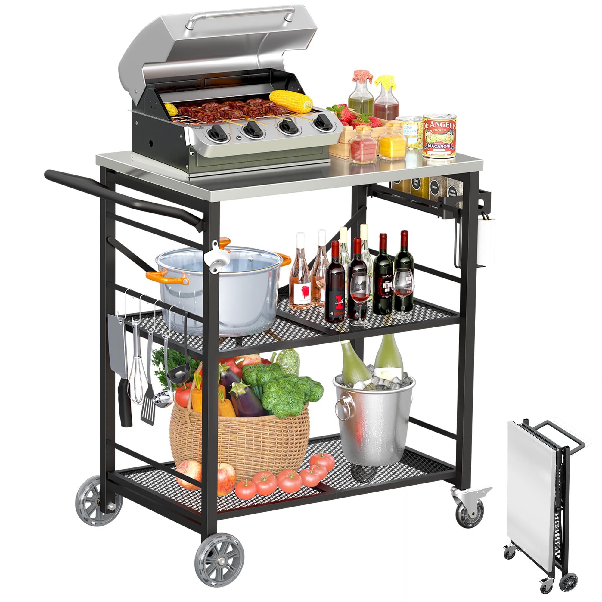 Amazon.com: Ciokea Folding Outdoor Grill Cart with Wheels, 3-Shelf