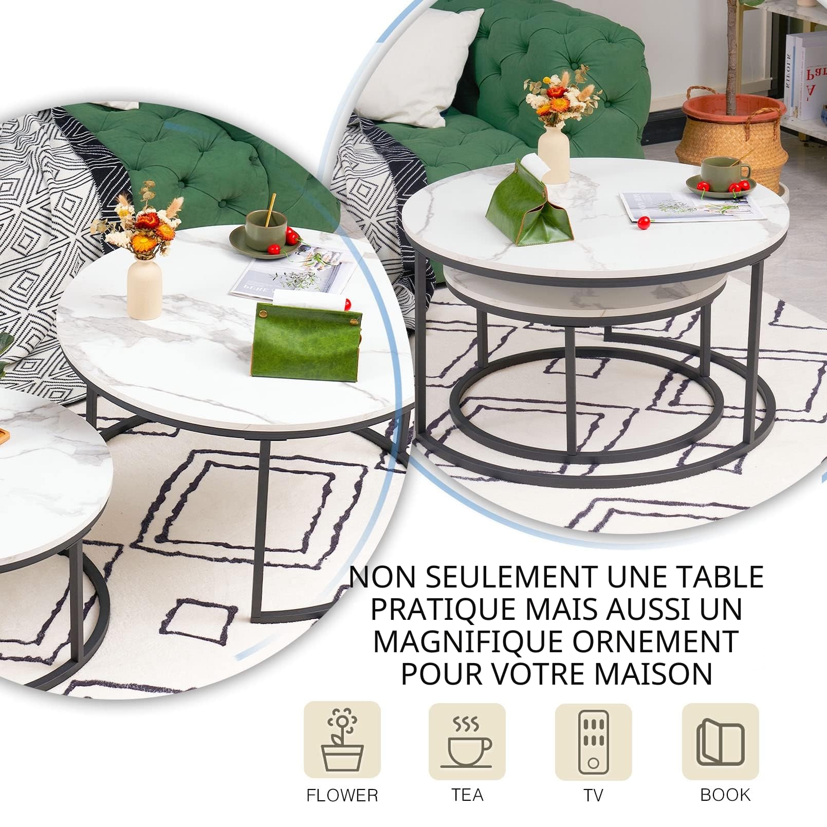 Lot de 2 Tables Basses Rondes en marbre Blanc avec Structure en métal Noir, Table d'appoint Ronde, Table de Salon Moderne, Tables de Salon pour Salon, Chambre à Coucher, Balcon