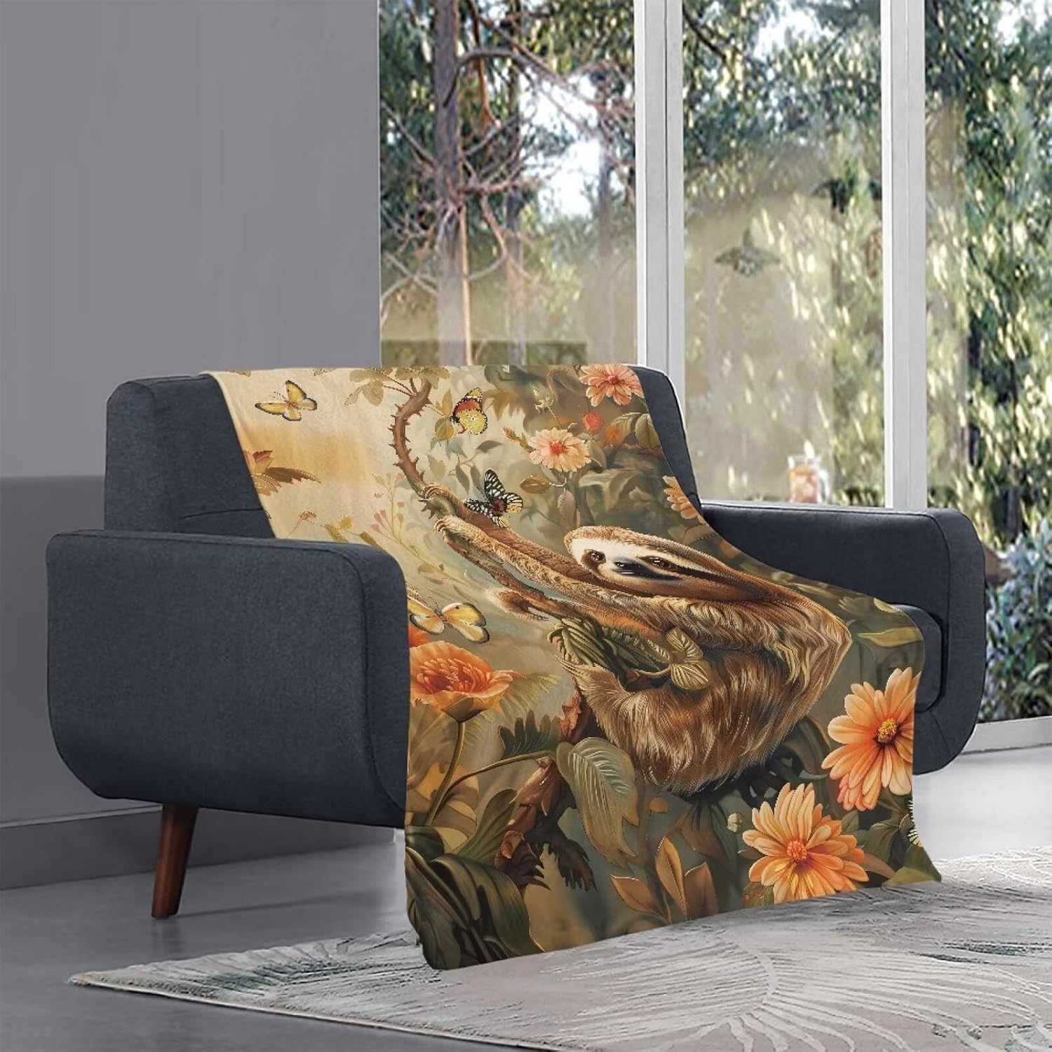 Suobstales Sloth Butterfly Flower Print Throw Blanket Blanket Soft Fleece Throw Gifts Holiday Decor Blankets for Couch Bed, 59.1"×78.7"